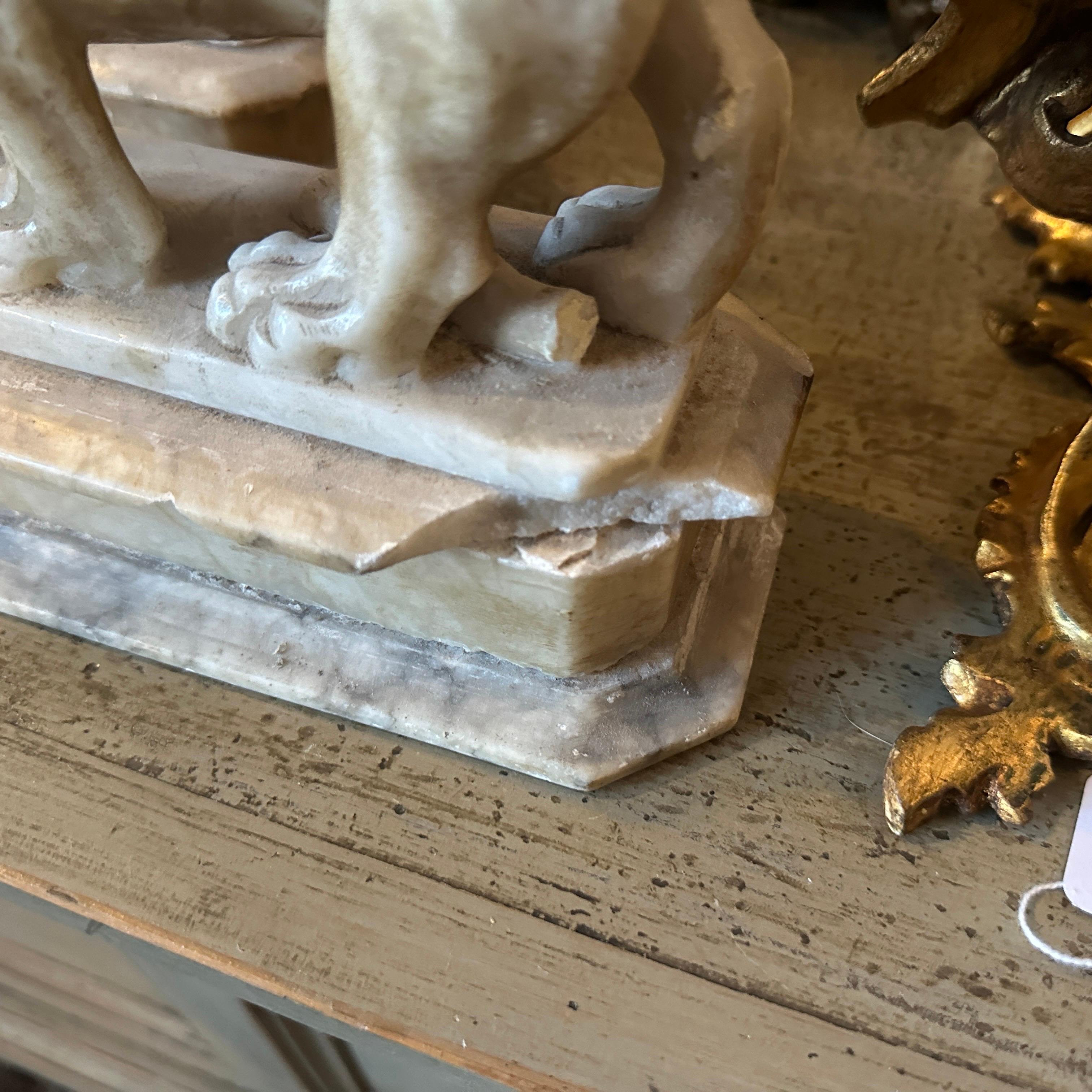 Two 1870s Roman Style Hand-Carved Alabaster Italian Sculptures of Lions 4