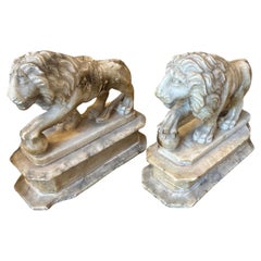Two 1870s Roman Style Hand-Carved Alabaster Italian Sculptures of Lions