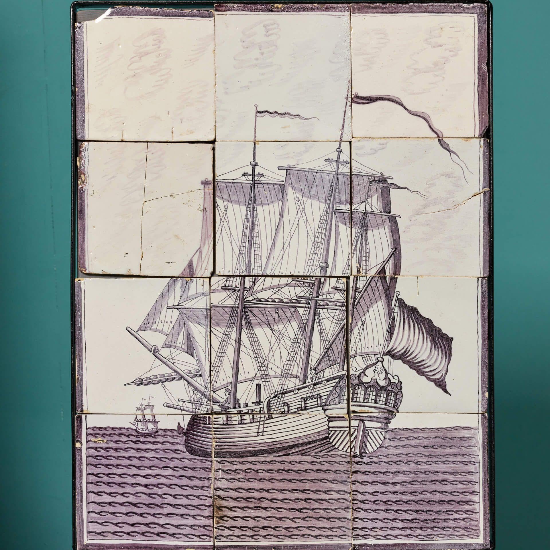 Dutch Two 18th Century Antique Nautical Delft Tile Panels For Sale