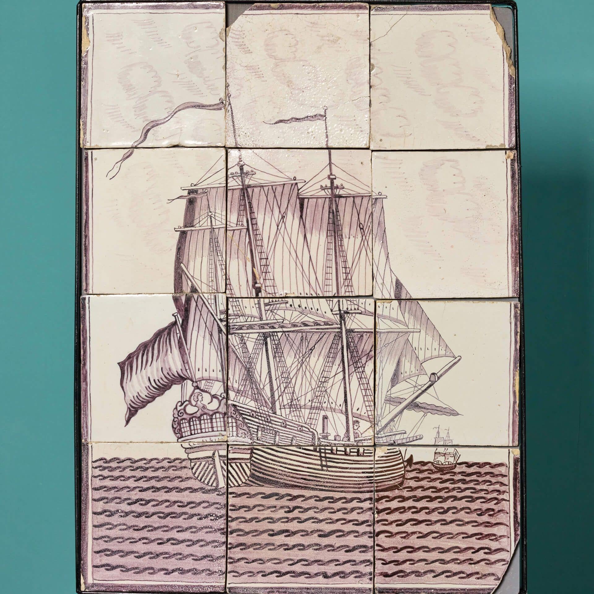 Glazed Two 18th Century Antique Nautical Delft Tile Panels For Sale
