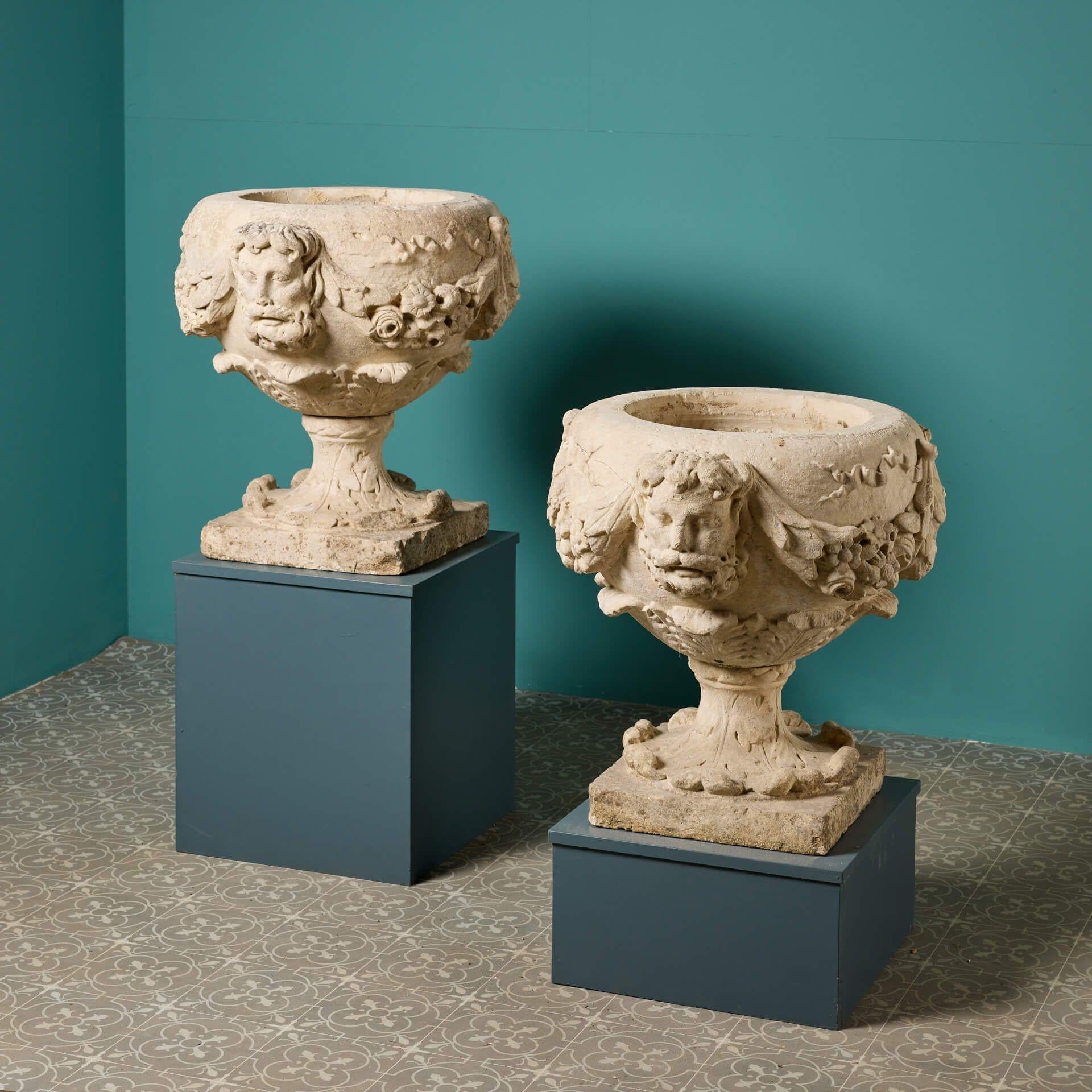 Georgian Two 18th Century English Carved Limestone Urns For Sale