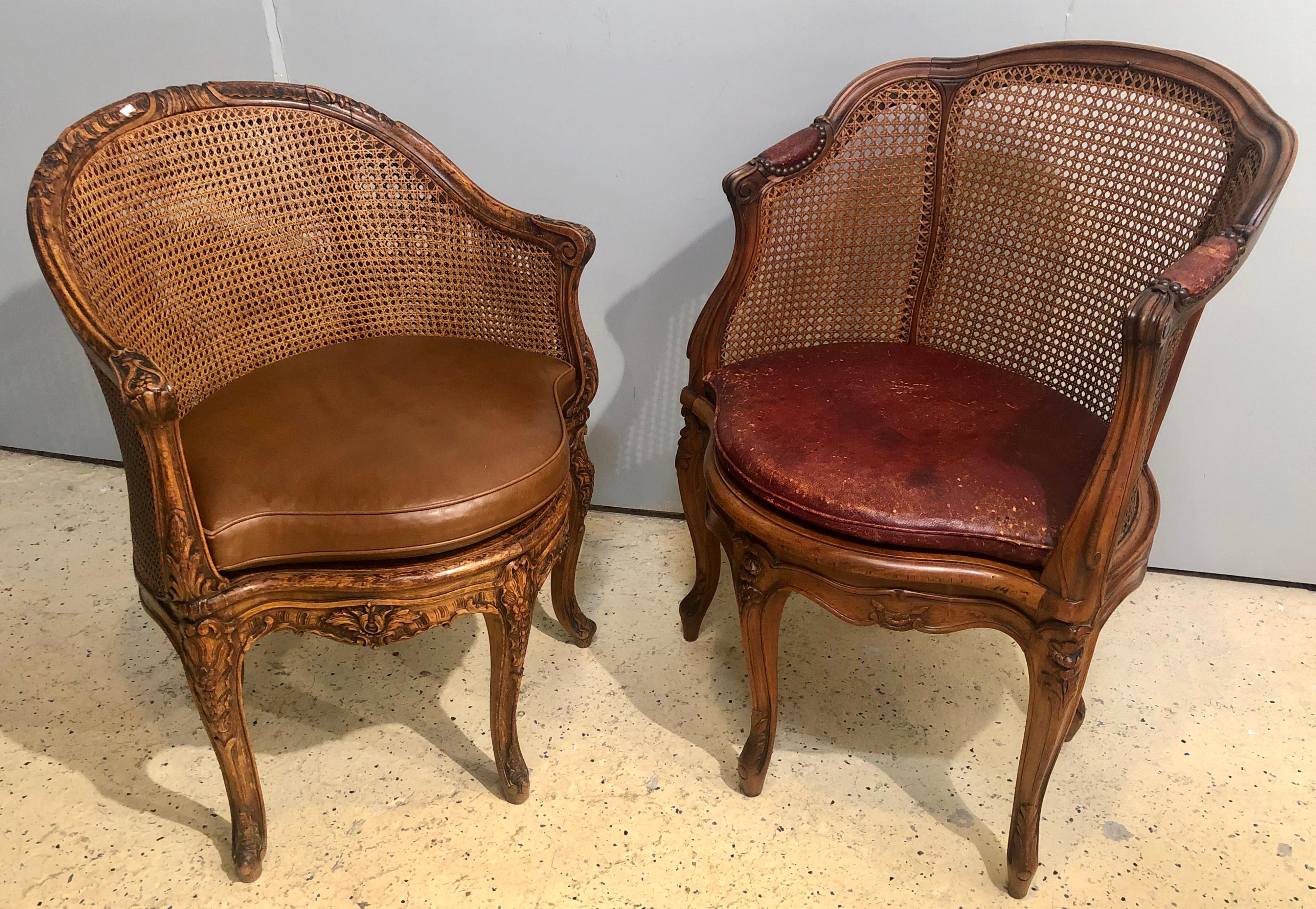 18th century French Caned Bergere de Bureau. A comparable pair of Bergeres. A Louie XV Beechwood Bergere de Bureau With leather squab cushion, circa 1740. The two magnificently carved. Can purchase one if only one is desired. 

Please see: 
Sale