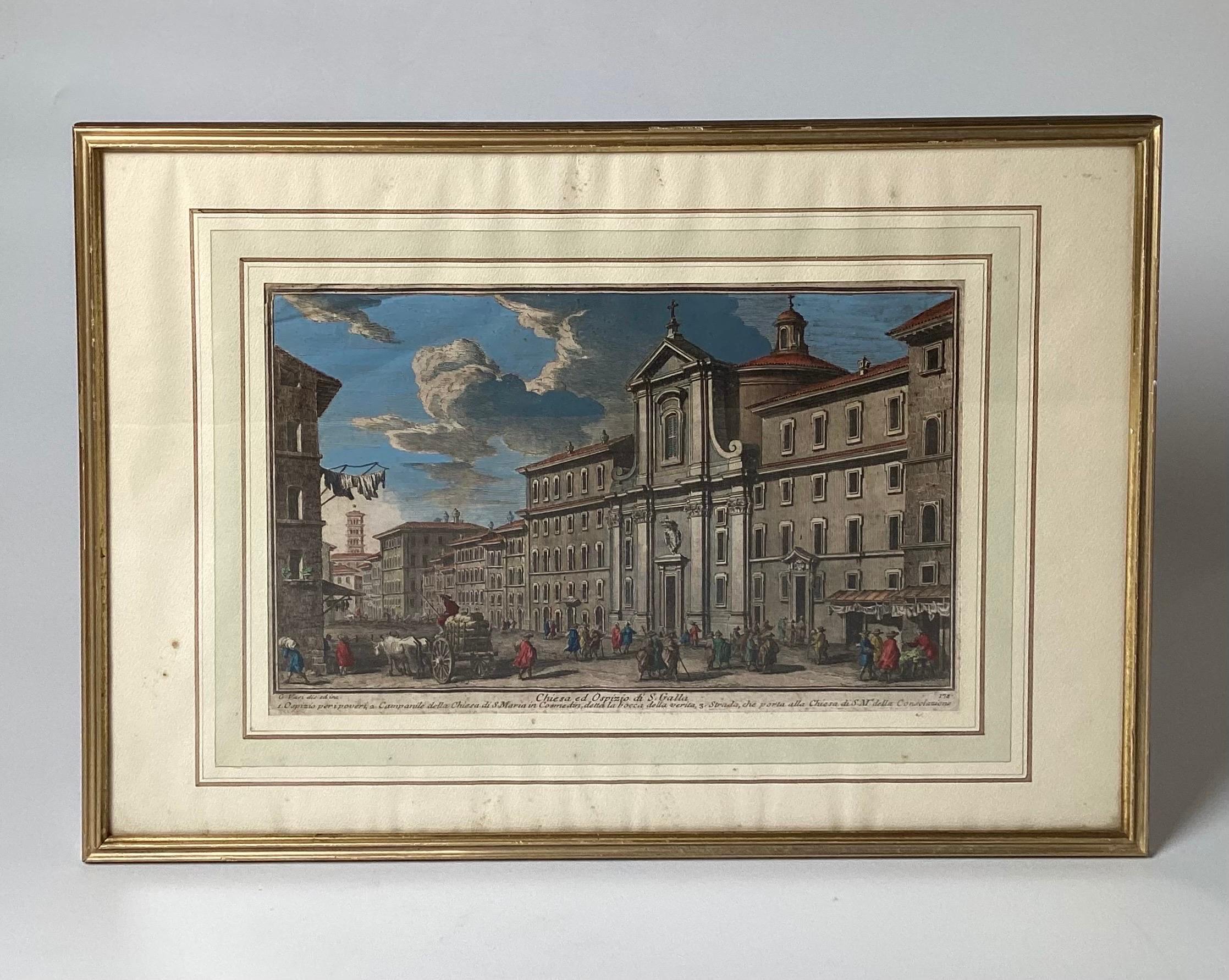 Two 18th Century Hand Colored Engravings by Giuseppe Vasi Framed 6