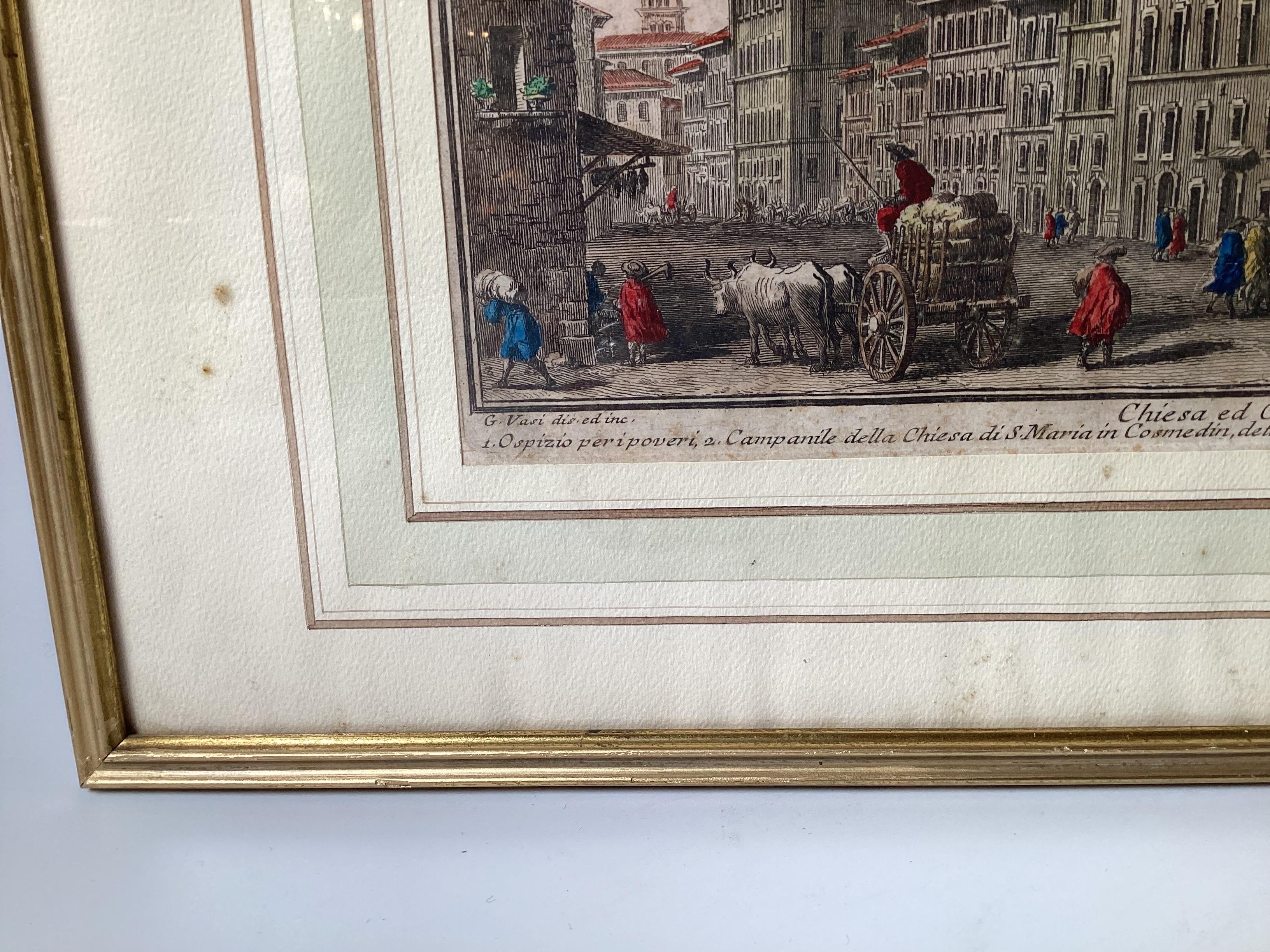Two 18th Century Hand Colored Engravings by Giuseppe Vasi Framed 7