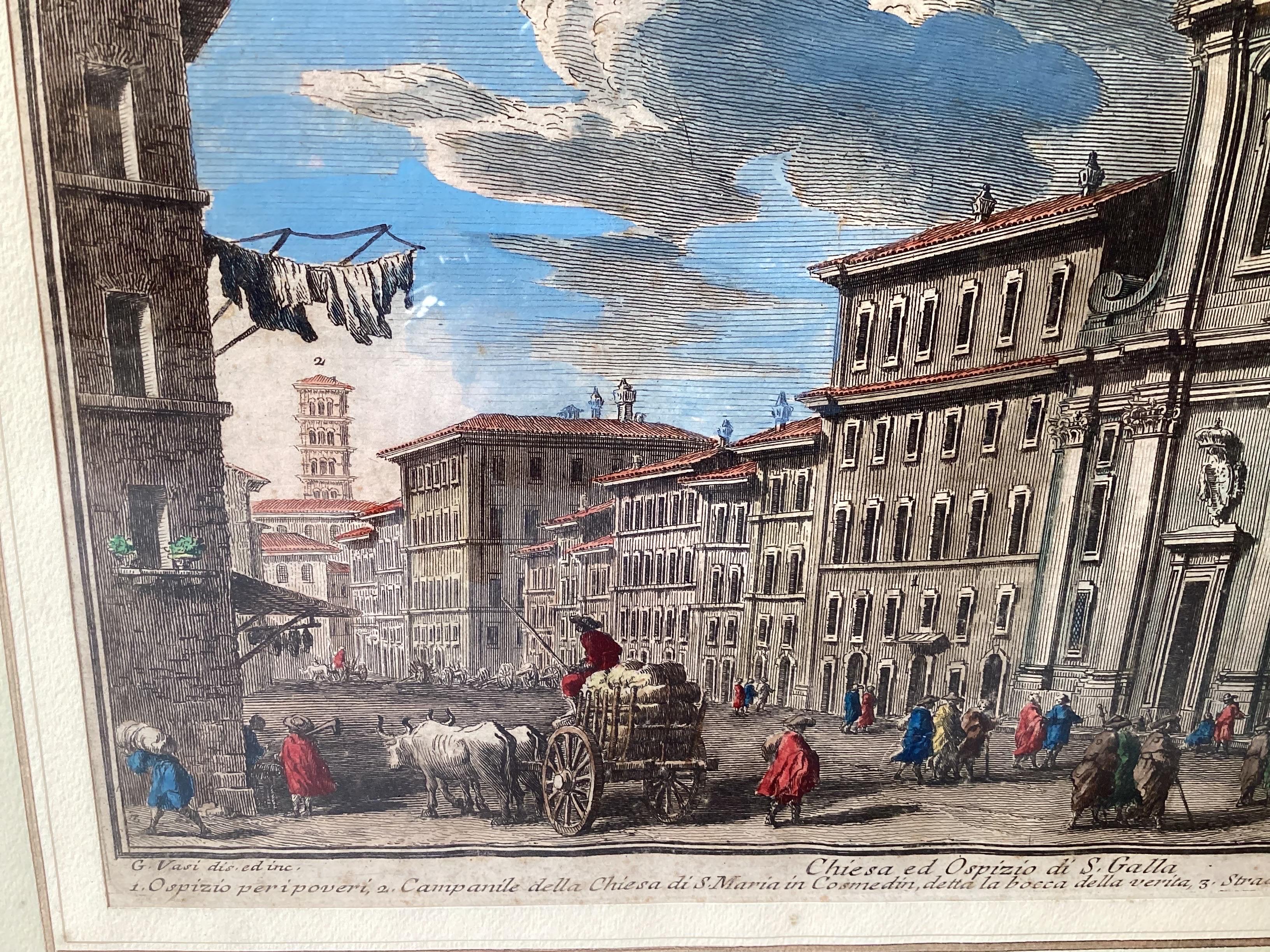 Two 18th Century Hand Colored Engravings by Giuseppe Vasi Framed 11