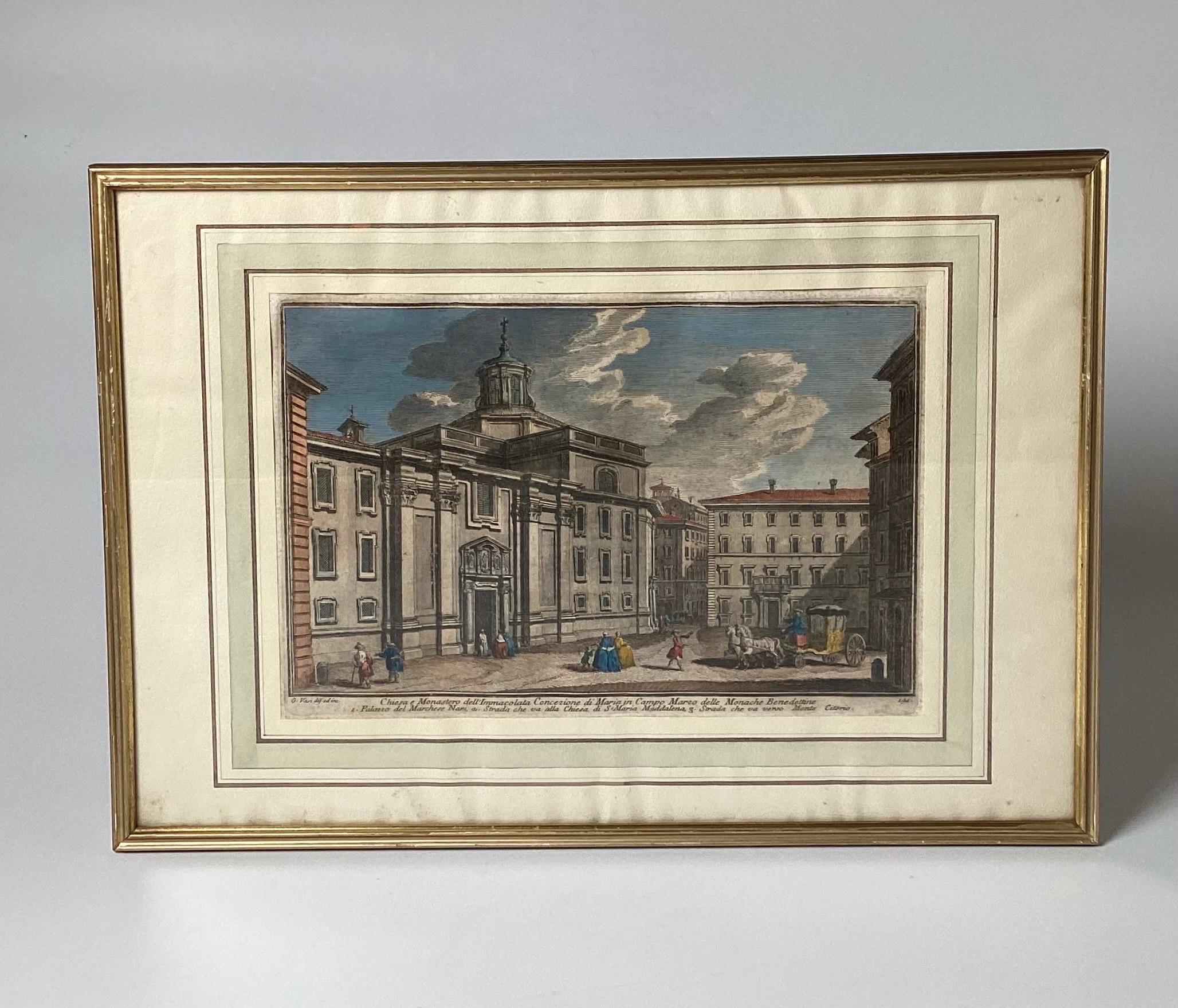 A pair of vibrantly colored original engraving prints in later giltwood frames. 
Giuseppe Vasi (27 August 1710 – 16 April 1782) was an Italian engraver and architect, best known for his highly detailed depictions of cityscapes.