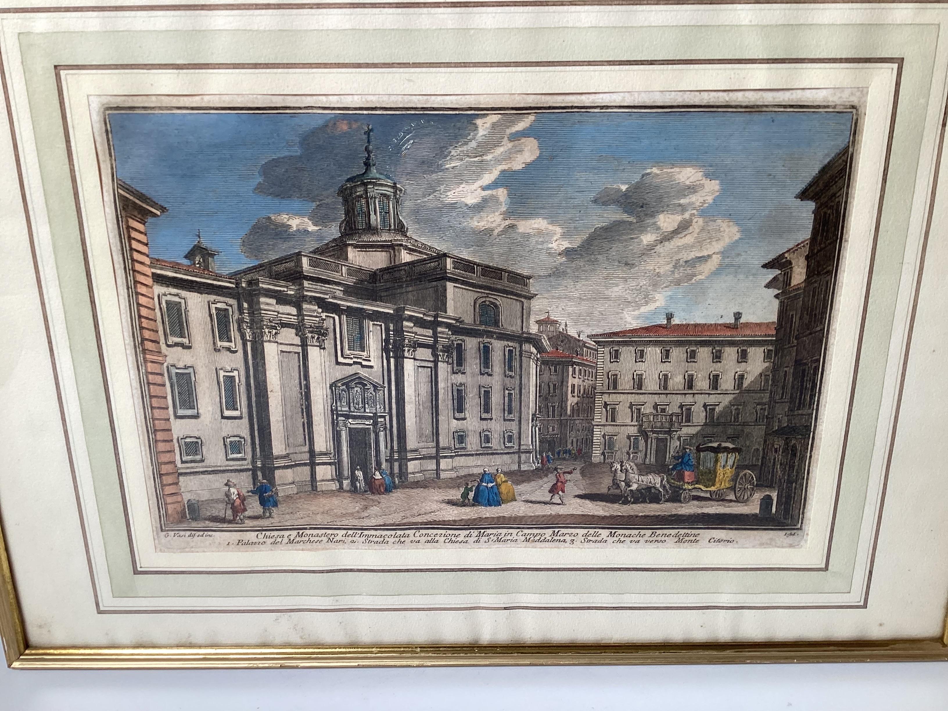 Italian Two 18th Century Hand Colored Engravings by Giuseppe Vasi Framed
