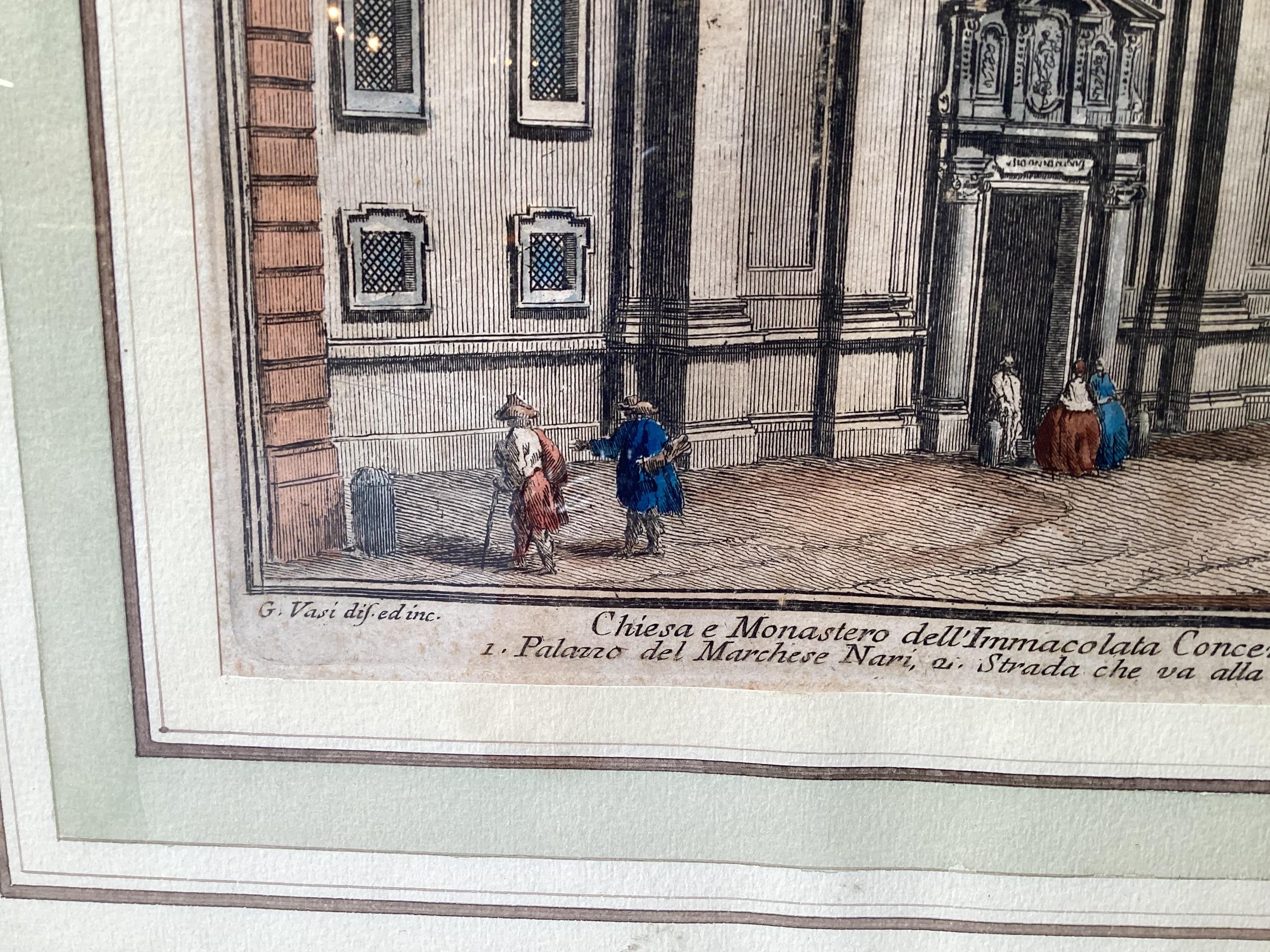 Two 18th Century Hand Colored Engravings by Giuseppe Vasi Framed In Good Condition In Lambertville, NJ