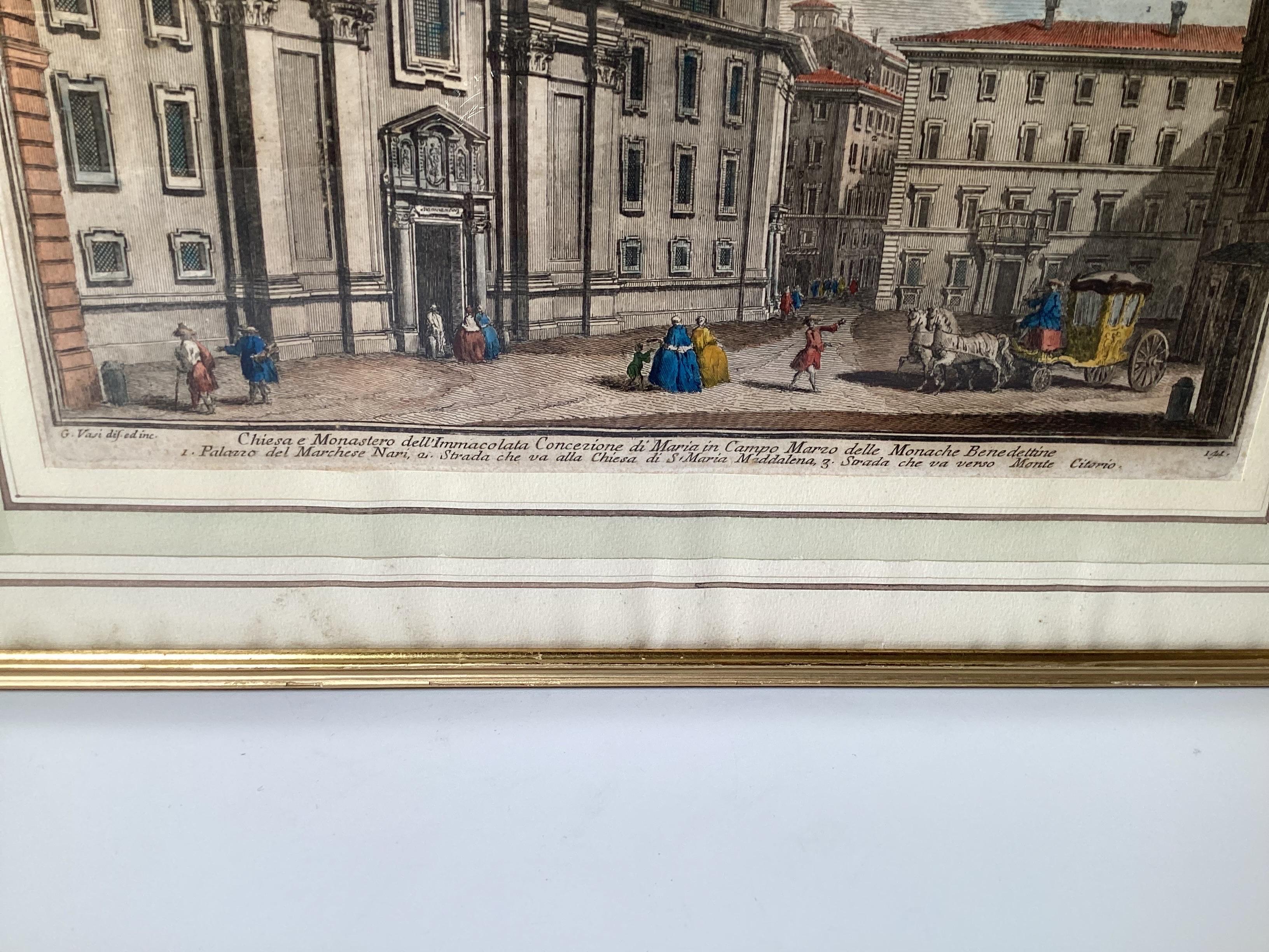 Glass Two 18th Century Hand Colored Engravings by Giuseppe Vasi Framed