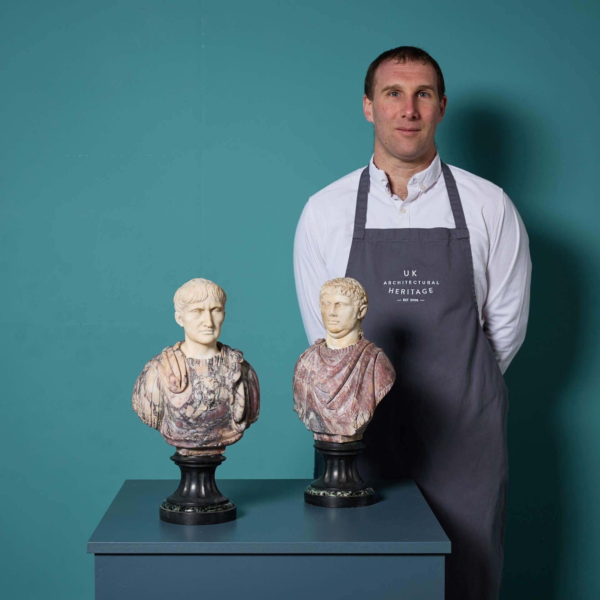 A pair of mid 18th century Italian marble busts depicting the Roman Emperors Augustus and Nero.

Also known as Octavian, Augustus was the first Roman Emperor and founder of the Roman Empire. Nero was his great-great-grandson, ruling the Roman Empire