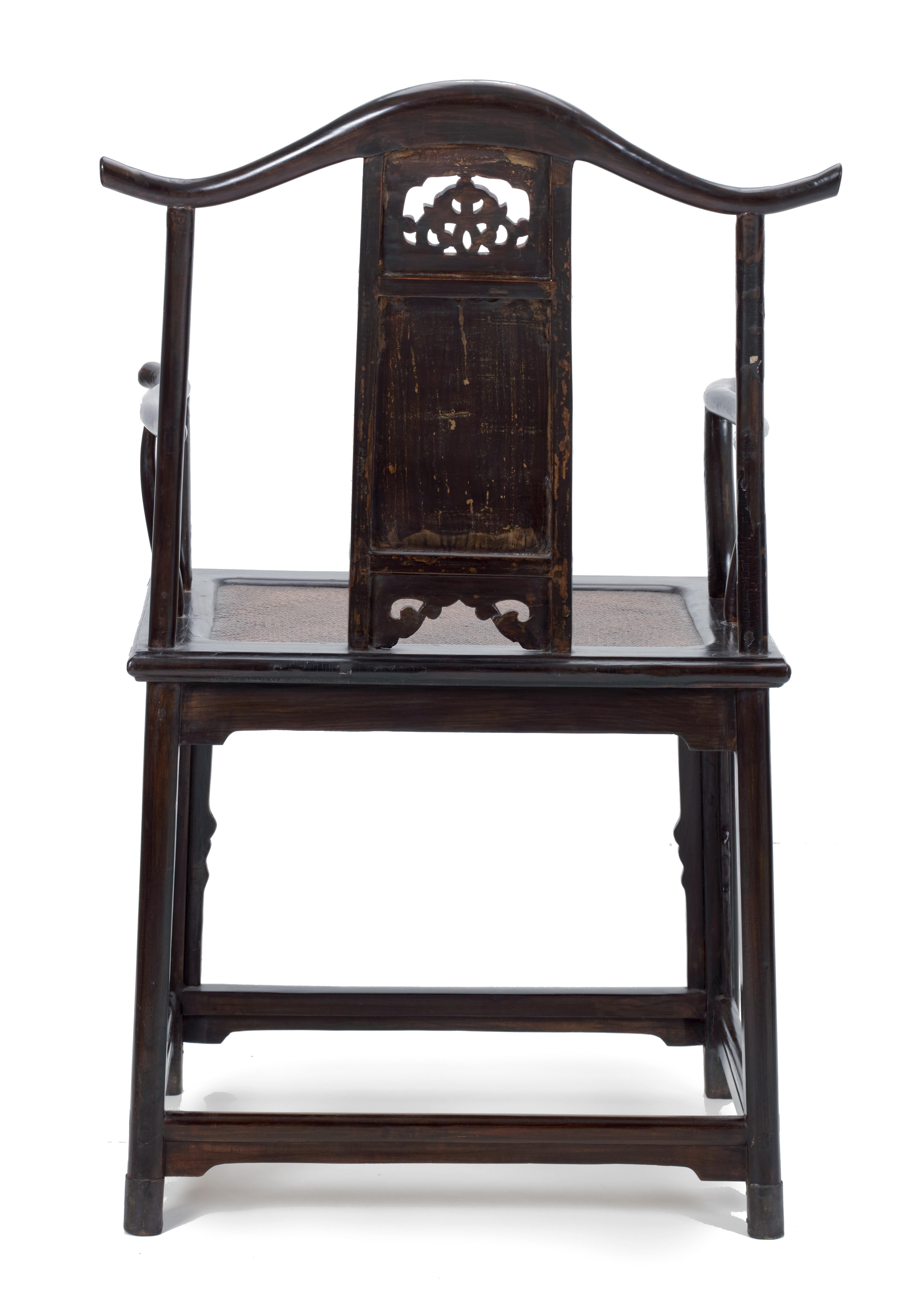 Qing Two 18th Century Lacquered Wood Chinese Yoke-Back Chairs, Chinoiserie Chique For Sale