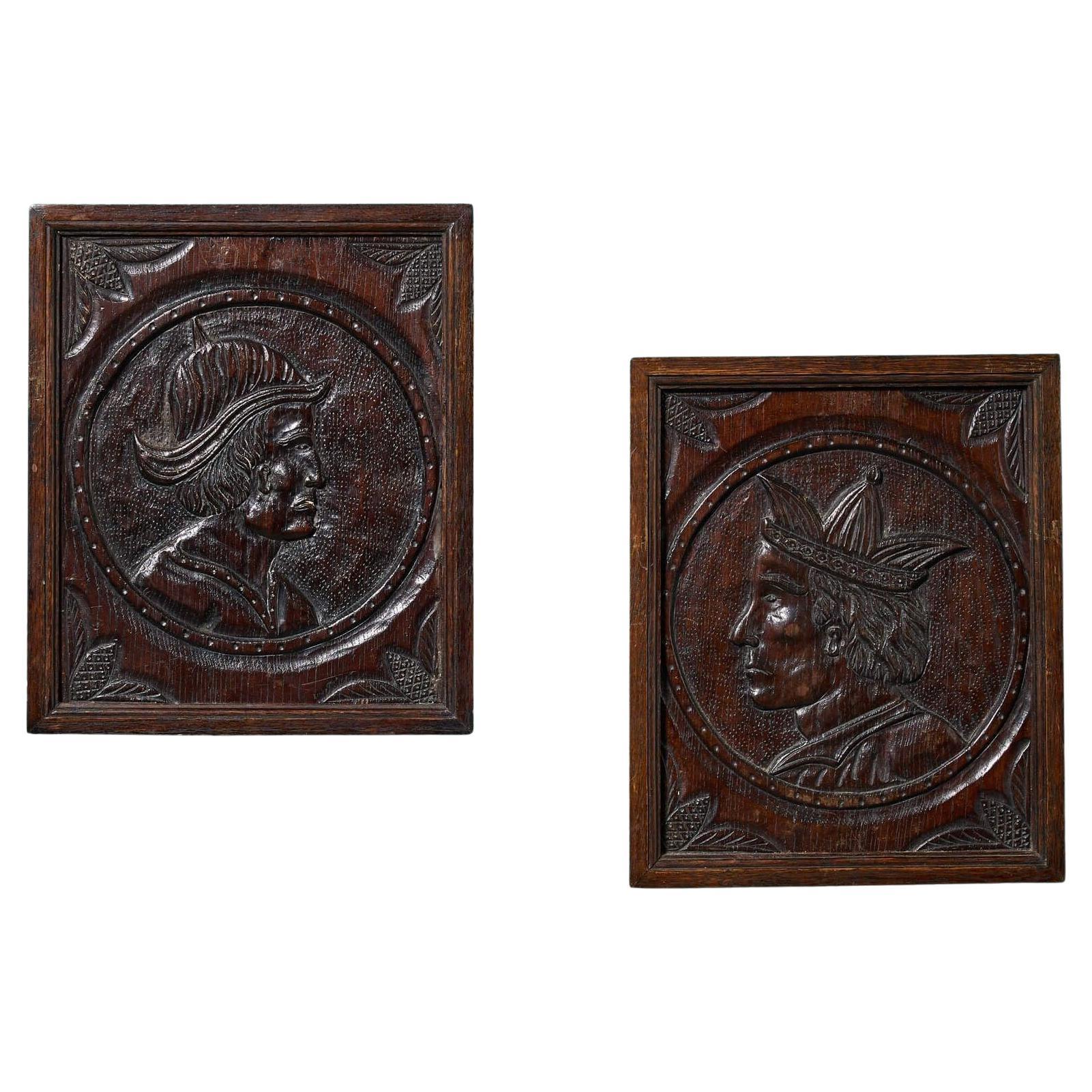 Two 18th Century Medieval Style Carved Oak Portrait Panels