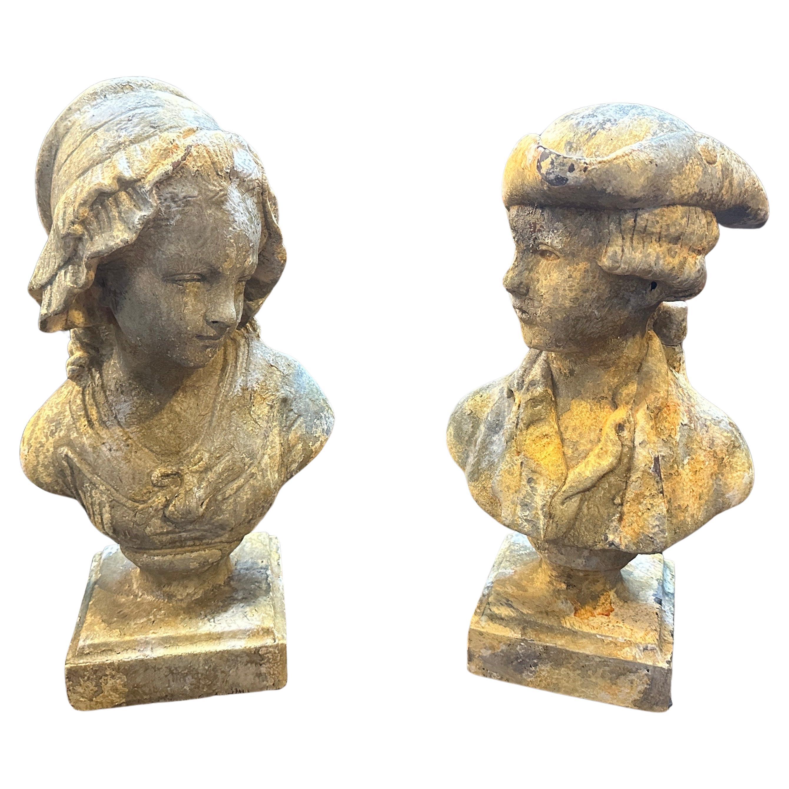 Two 1900s Art Nouveau Patinated Wood Italian Busts of Two Young People