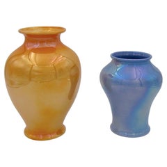 Two 1920s Cowan Pottery Iridescent Luster Glaze Vases in Marigold and Larkspur