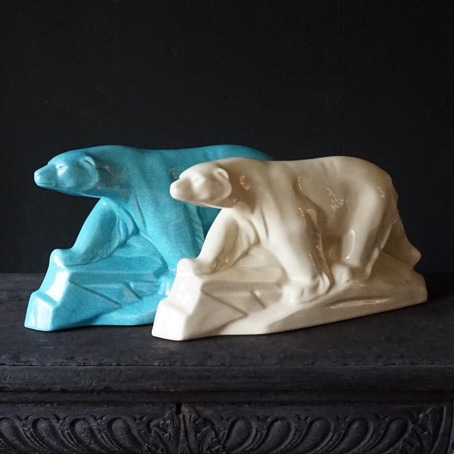 Two 1930 Art Deco French Ceramic L&V Ceram DAX Polar Bears White & Blue Craquele In Good Condition For Sale In Haarlem, NL