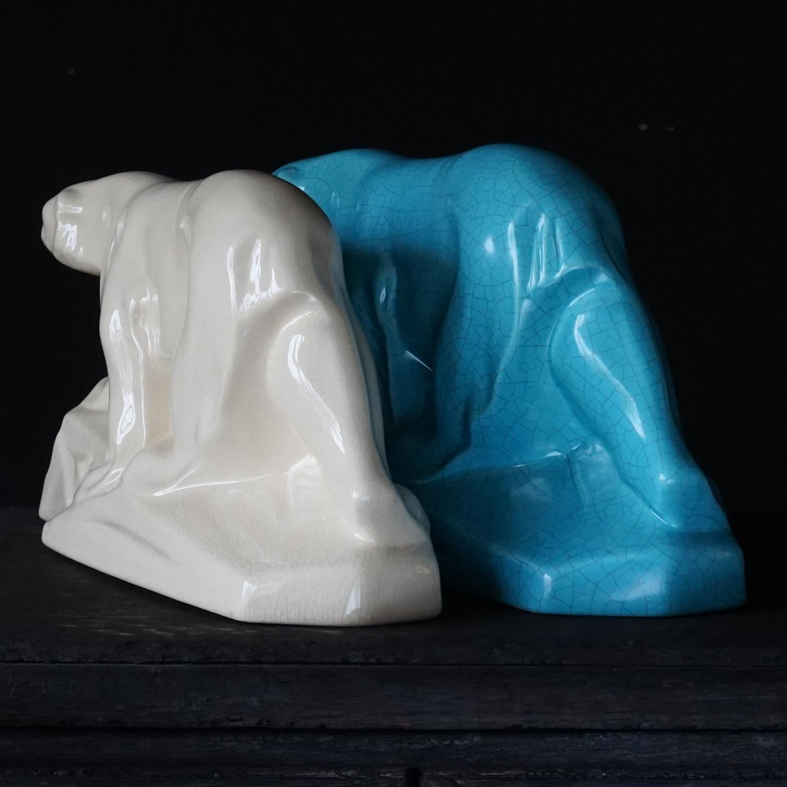 Mid-20th Century Two 1930 Art Deco French Ceramic L&V Ceram DAX Polar Bears White & Blue Craquele For Sale