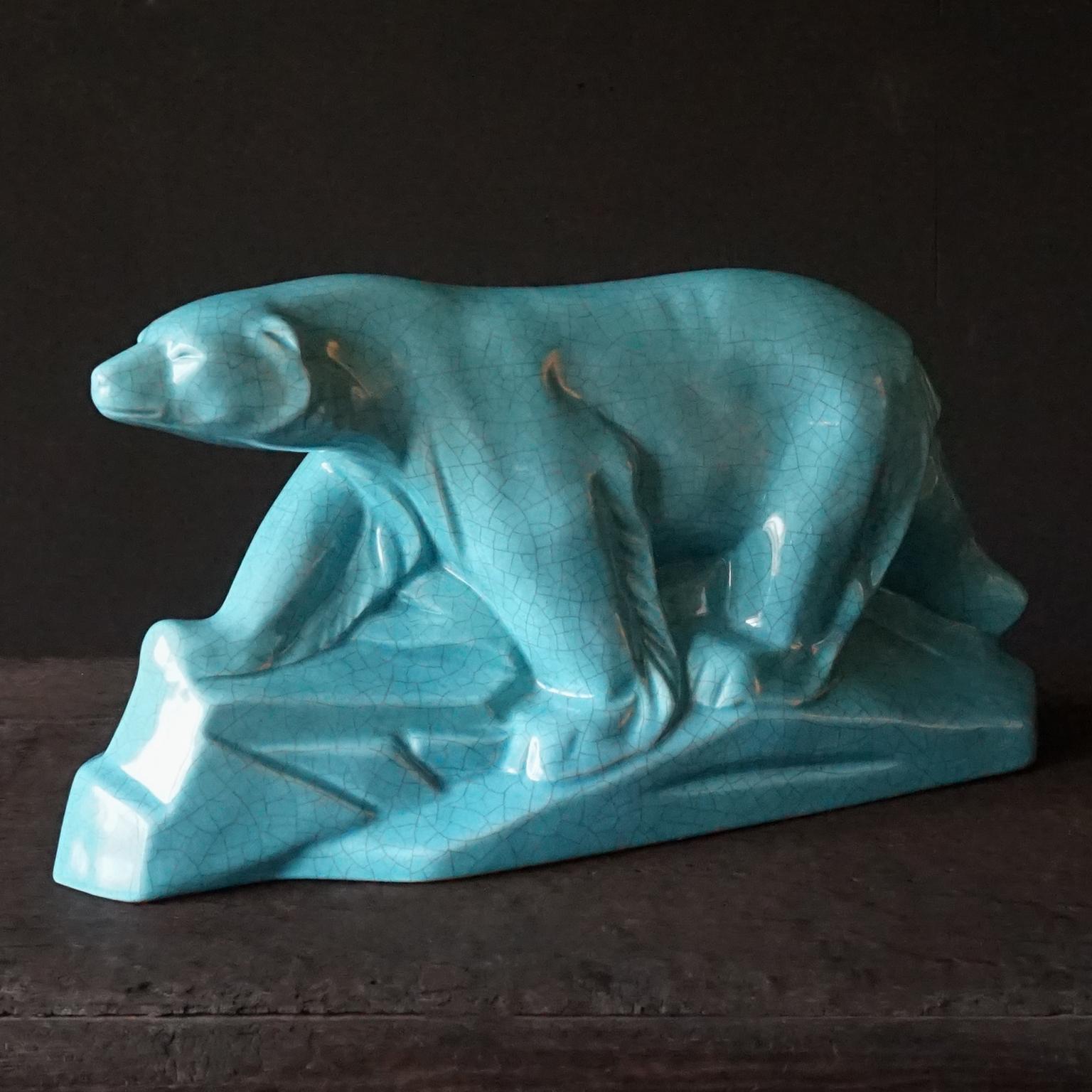 Vernissé Deux ours polaires blancs et bleus en céramique française L&V Ceram DAX Art Déco de 1930 en vente
