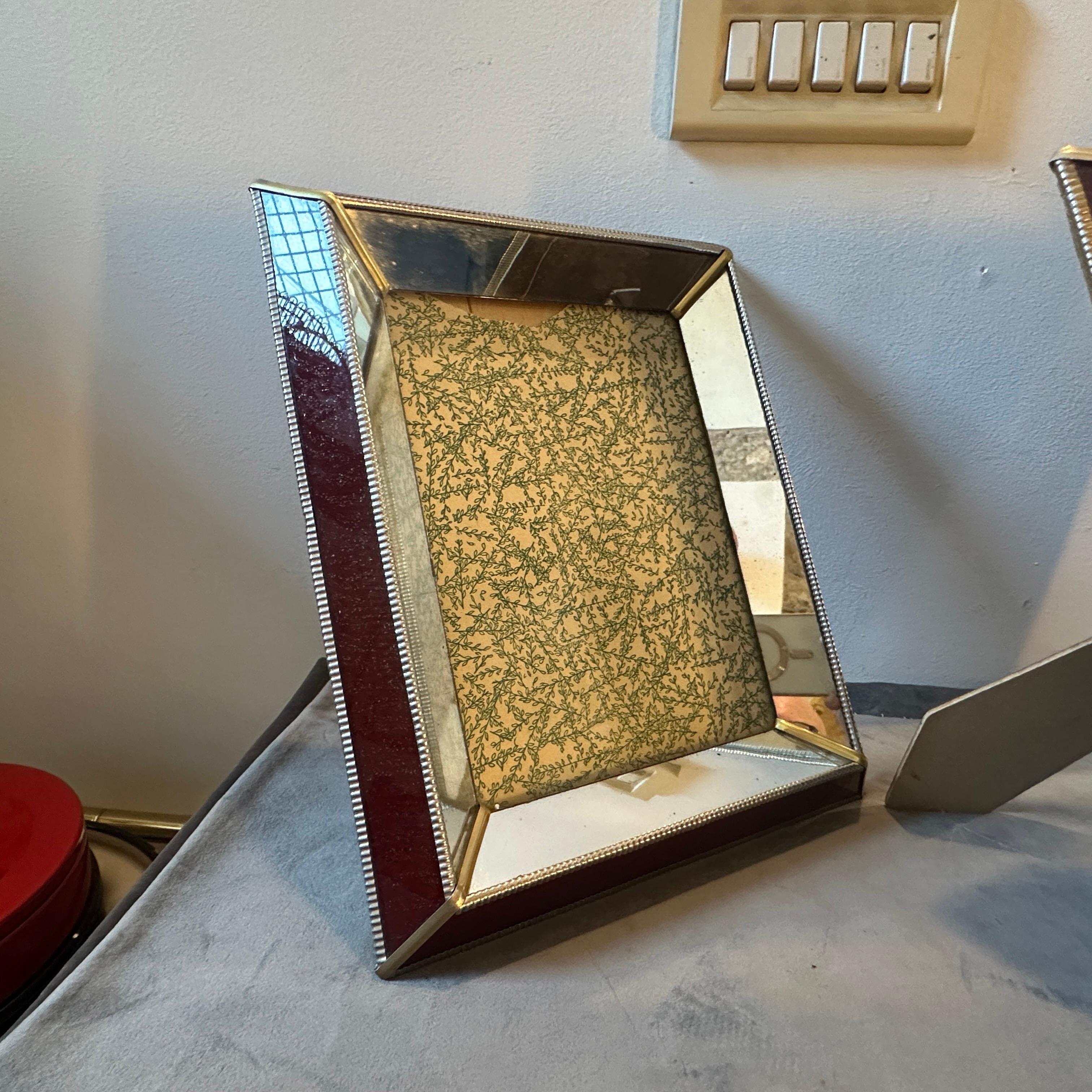 20th Century Two 1930s Art Deco Brass, Burgundy and Mirrored Glass Italian Picture Frames For Sale