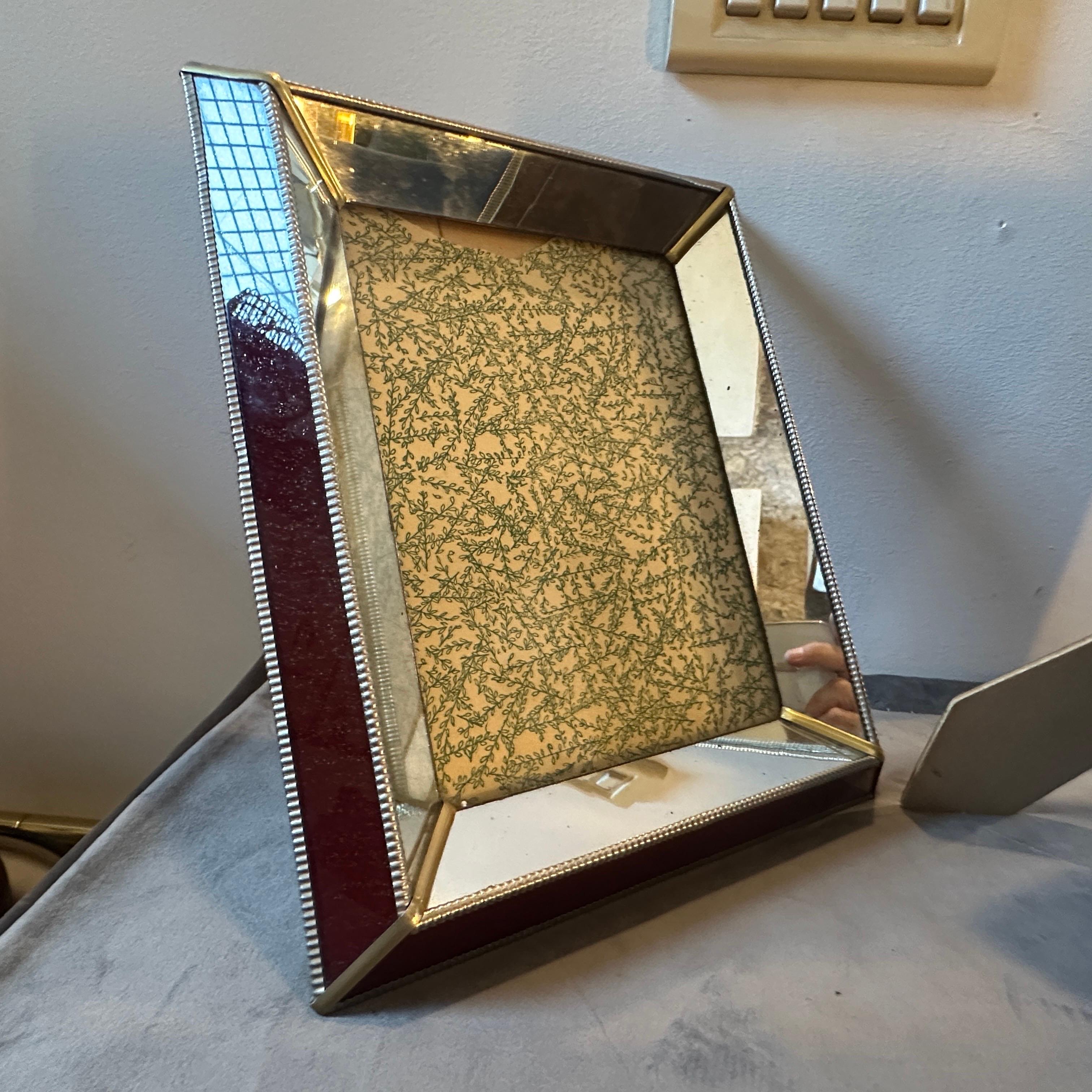 Plywood Two 1930s Art Deco Brass, Burgundy and Mirrored Glass Italian Picture Frames For Sale