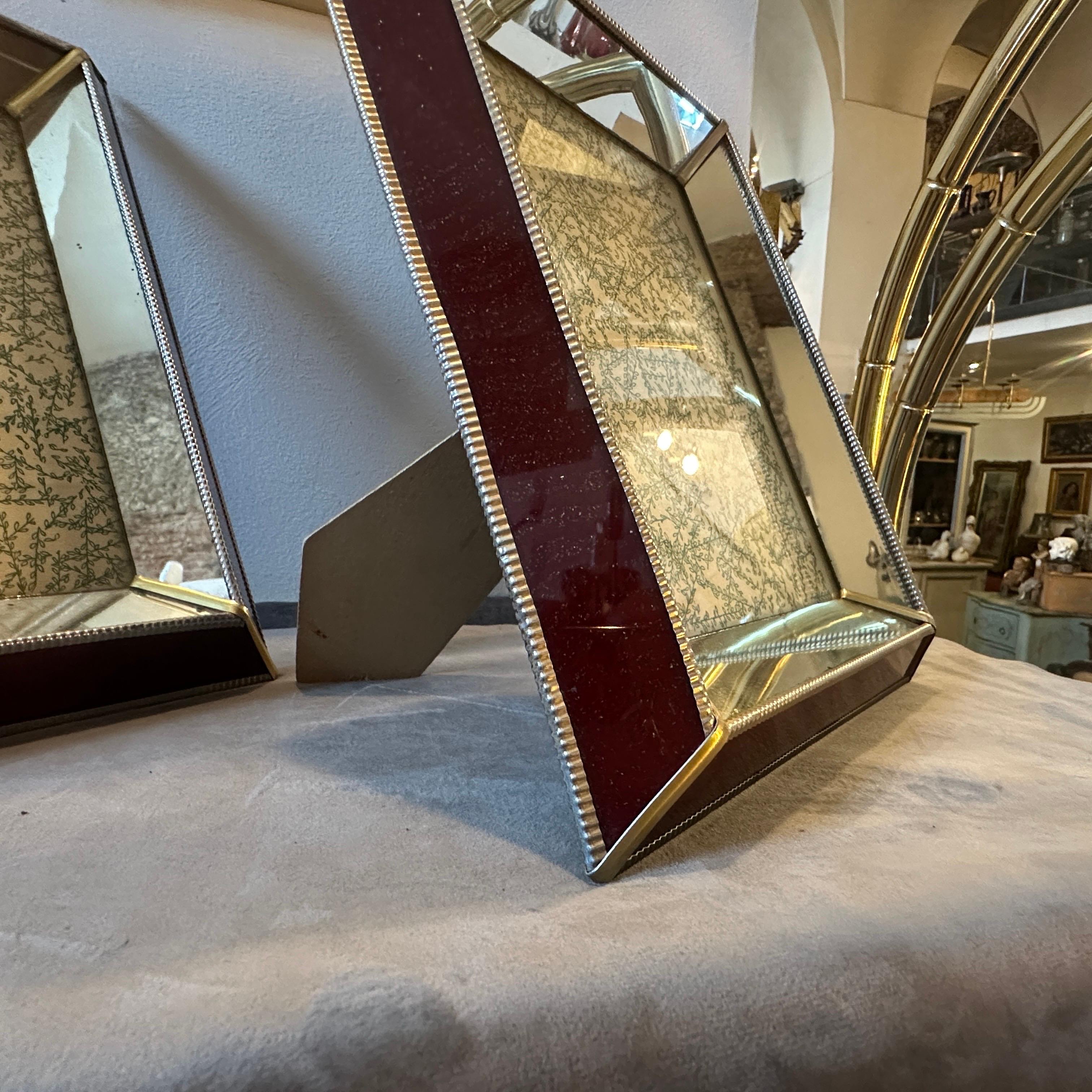 Two 1930s Art Deco Brass, Burgundy and Mirrored Glass Italian Picture Frames For Sale 1