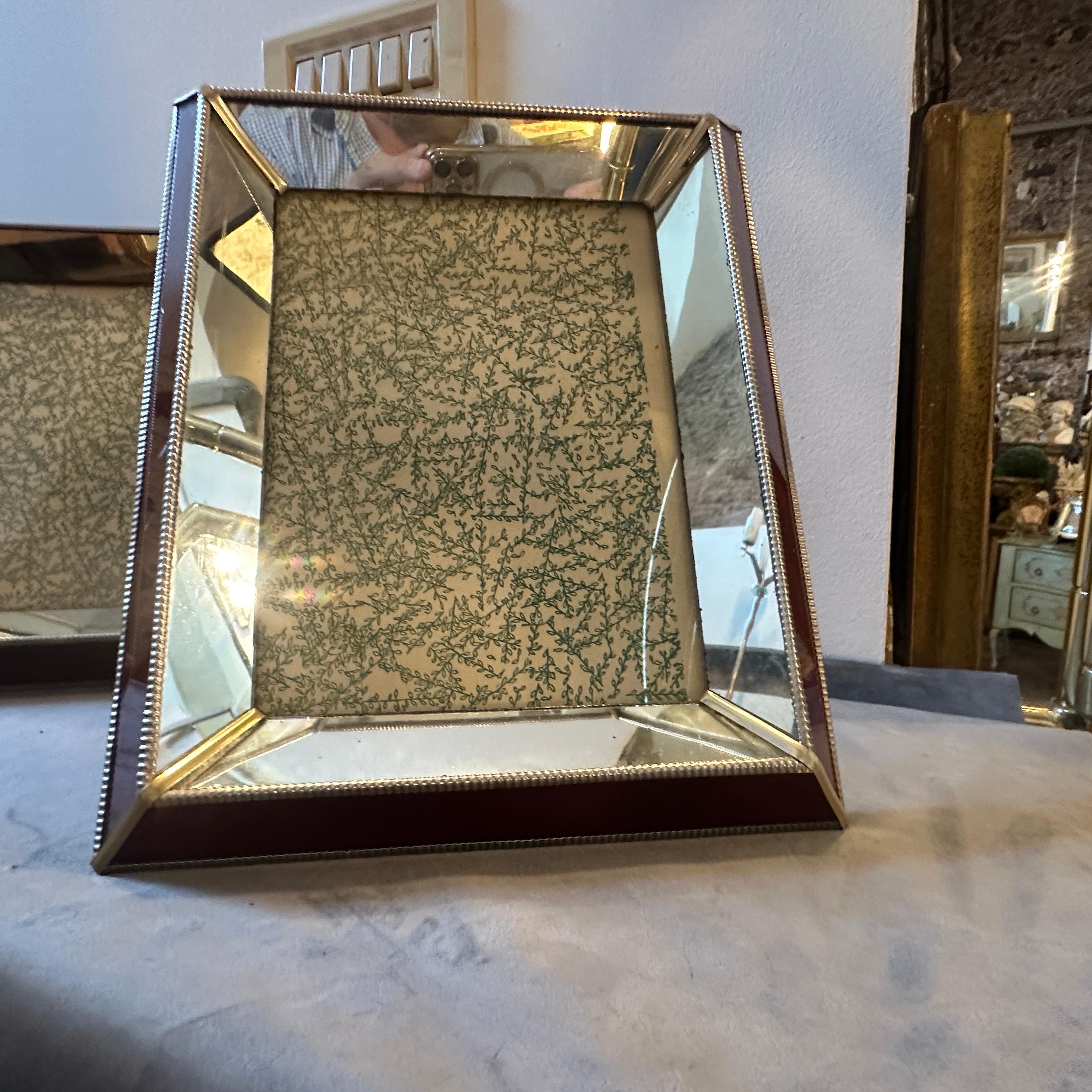 Two 1930s Art Deco Brass, Burgundy and Mirrored Glass Italian Picture Frames For Sale 2