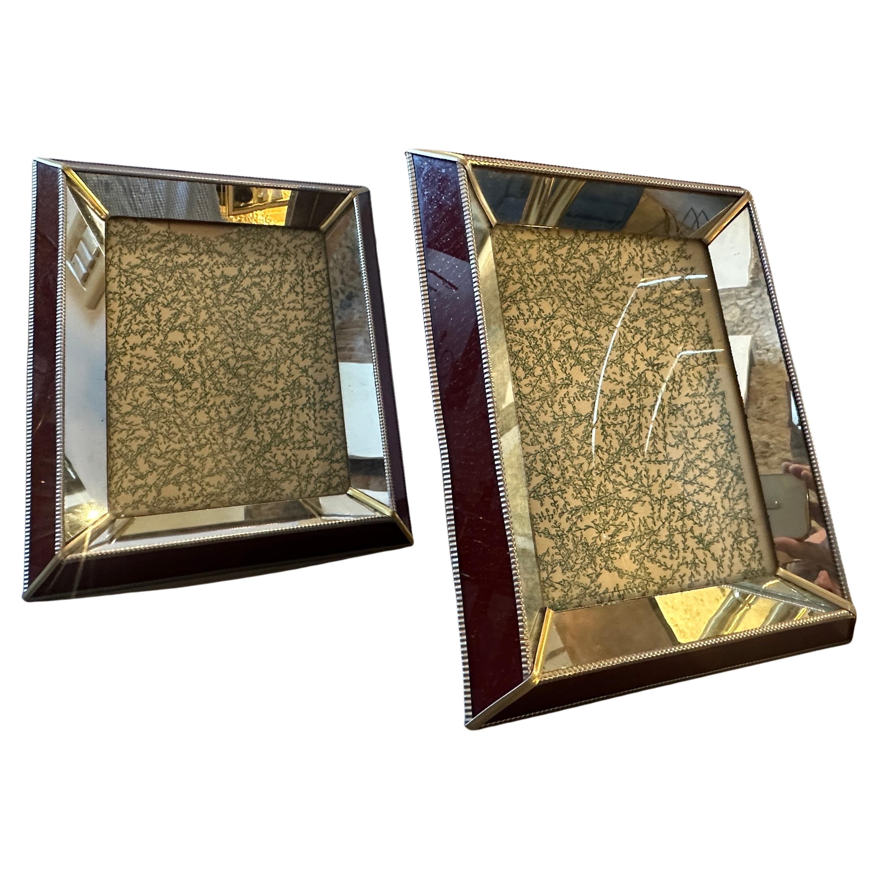 Two 1930s Art Deco Brass, Burgundy and Mirrored Glass Italian Picture Frames For Sale