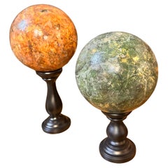Two 1930s Art Deco Italian Fake Marble Painted Wood Spheres on Black Stand