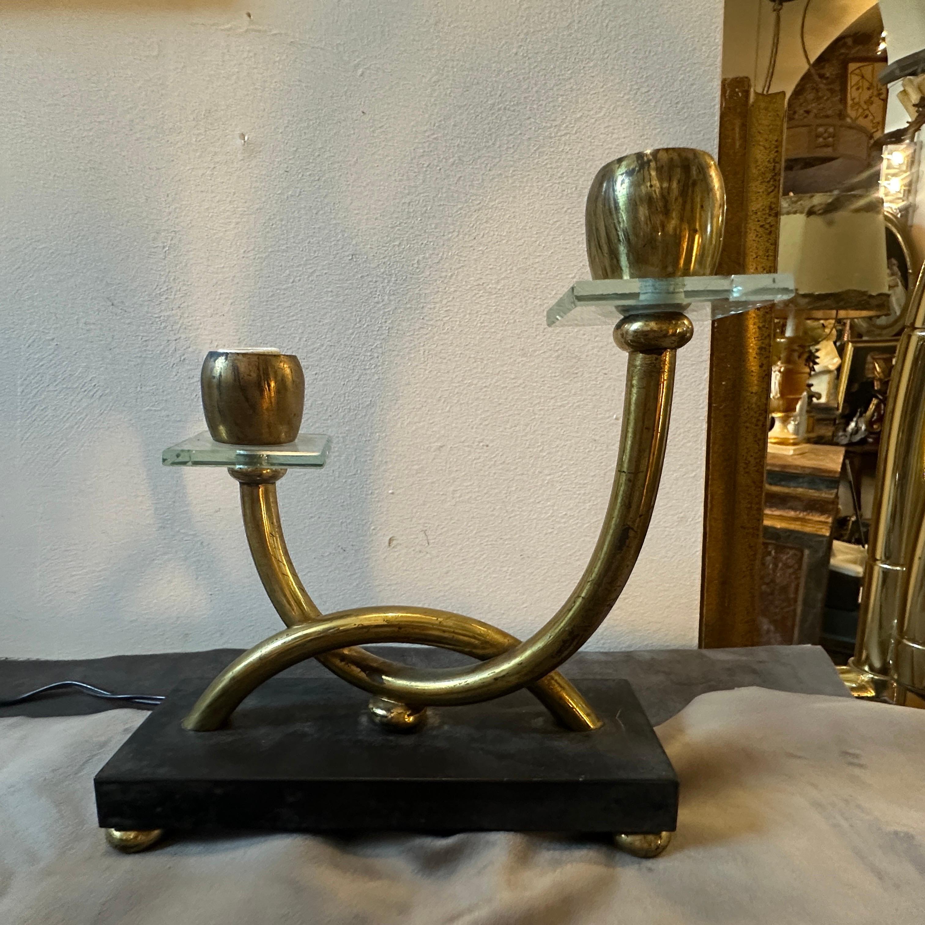 Two 1930s Giò Ponti style Art Deco Brass, Marble and Glass Italian Table Lamps For Sale 1