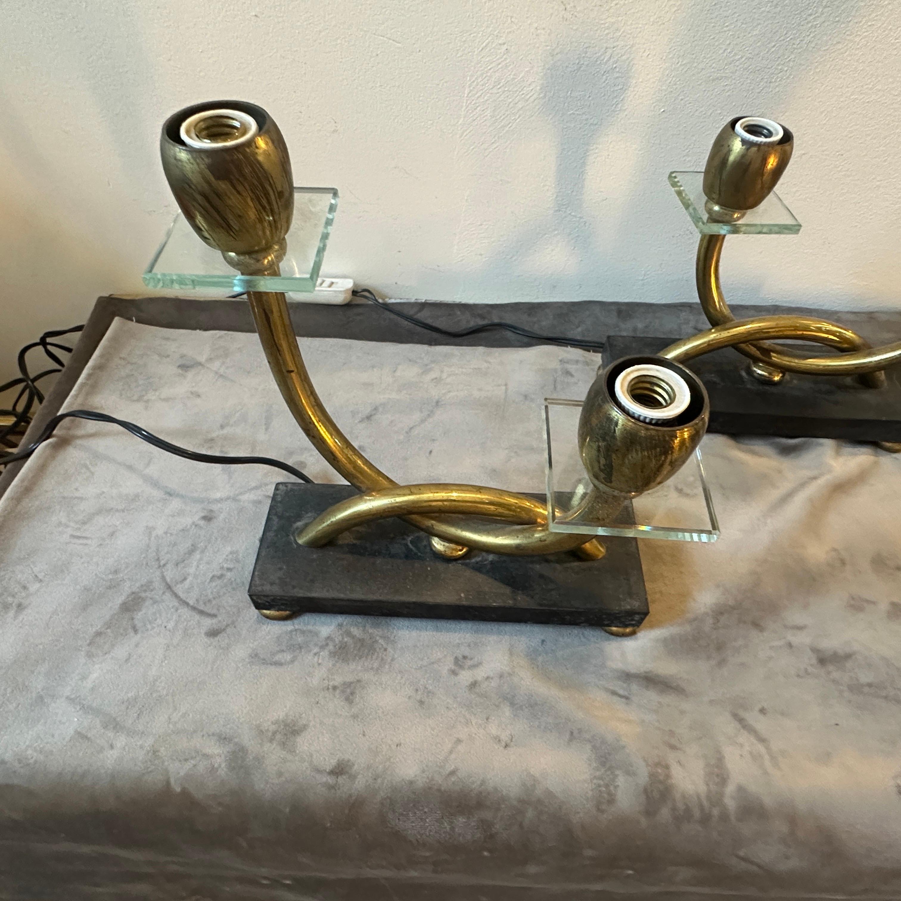 Two 1930s Giò Ponti style Art Deco Brass, Marble and Glass Italian Table Lamps For Sale 3