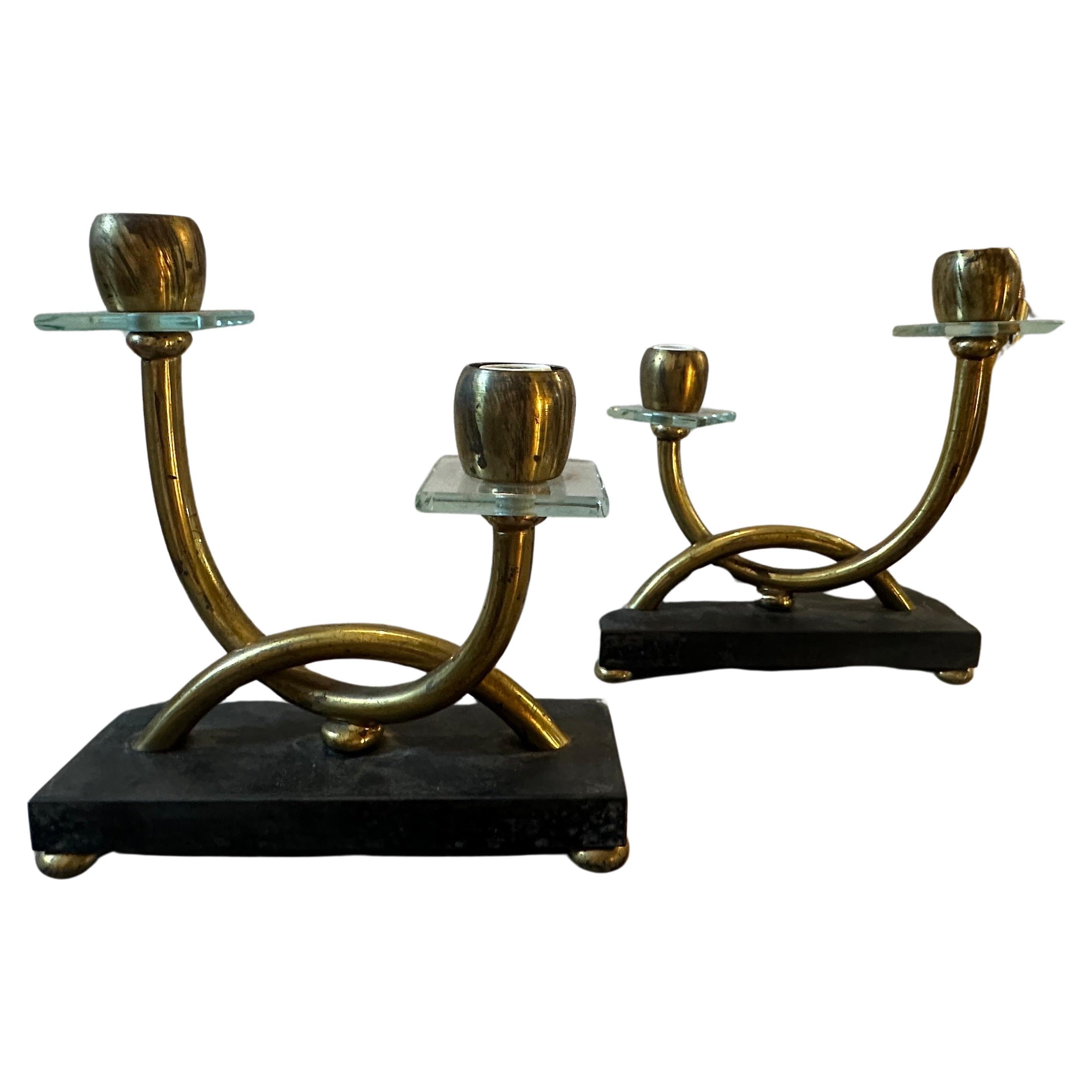 Two 1930s Giò Ponti style Art Deco Brass, Marble and Glass Italian Table Lamps For Sale