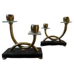 Retro Two 1930s Giò Ponti style Art Deco Brass, Marble and Glass Italian Table Lamps