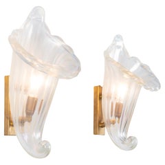Two 1940s Archimede Seguso Opalescent Murano Glass Big Cornucopia Wall Sconces