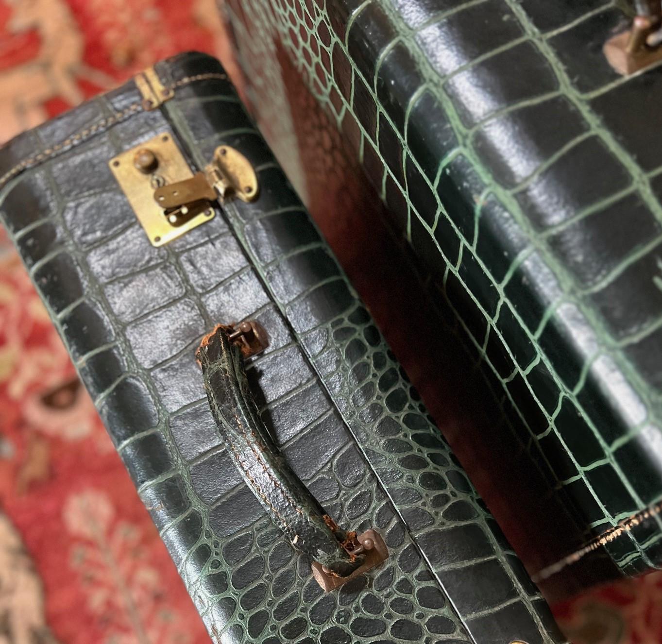 Metal Two 1940s Royalshire Ever-Wear Trunk Works Green Embossed Leather Suitcases For Sale