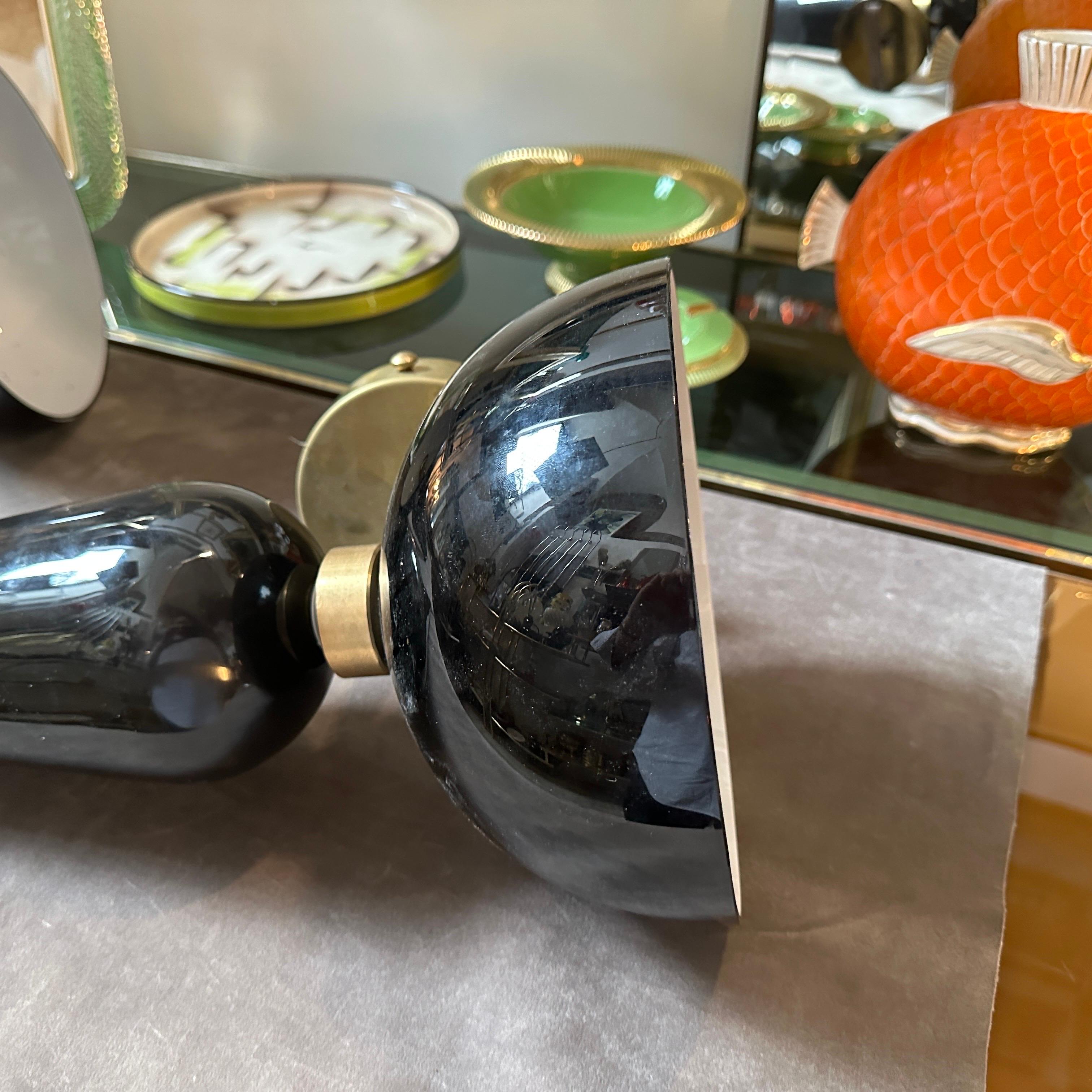 Italian Two 1950s Art Deco Black and White Murano Glass and Brass Torchere Wall Sconces For Sale