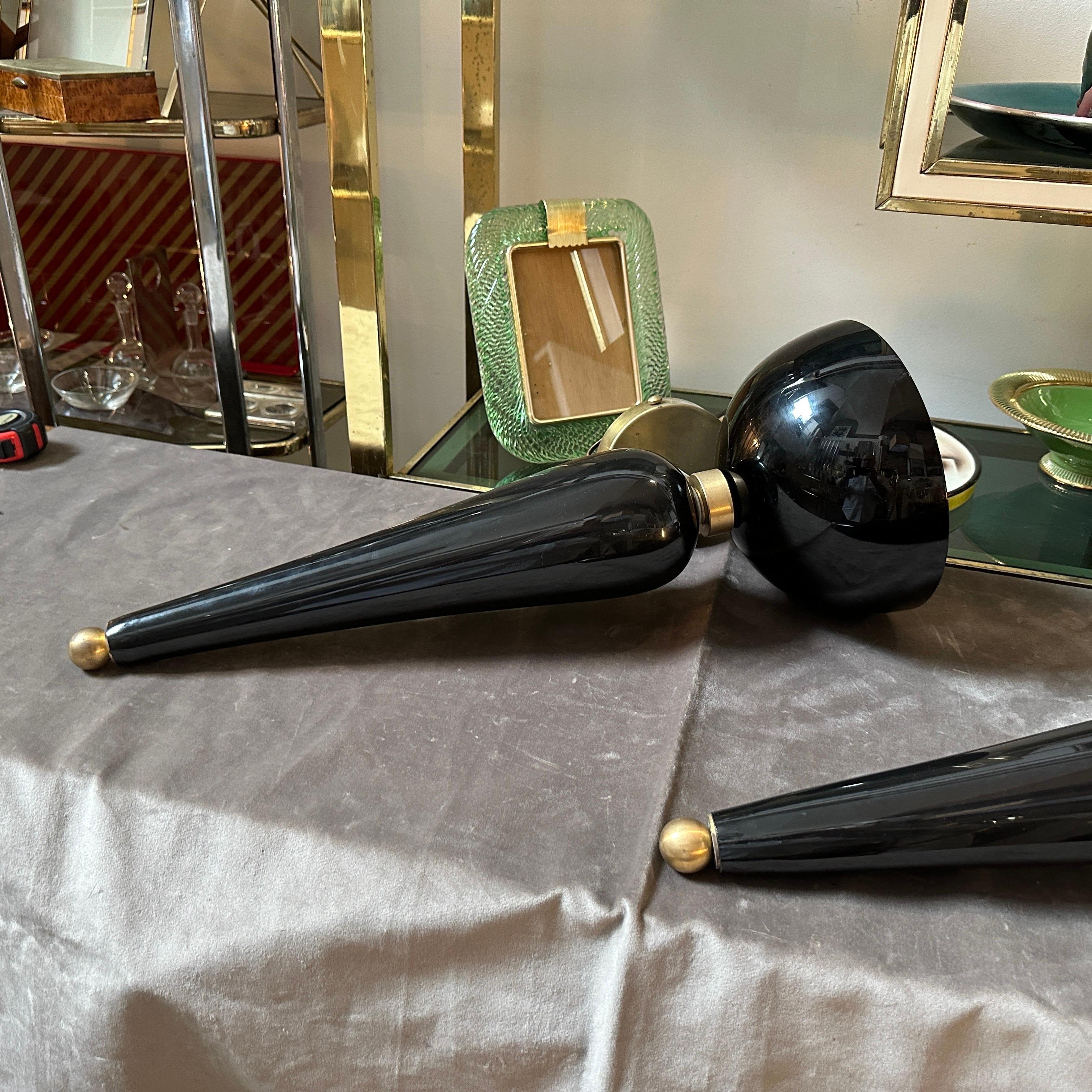 Hand-Crafted Two 1950s Art Deco Black and White Murano Glass and Brass Torchere Wall Sconces For Sale