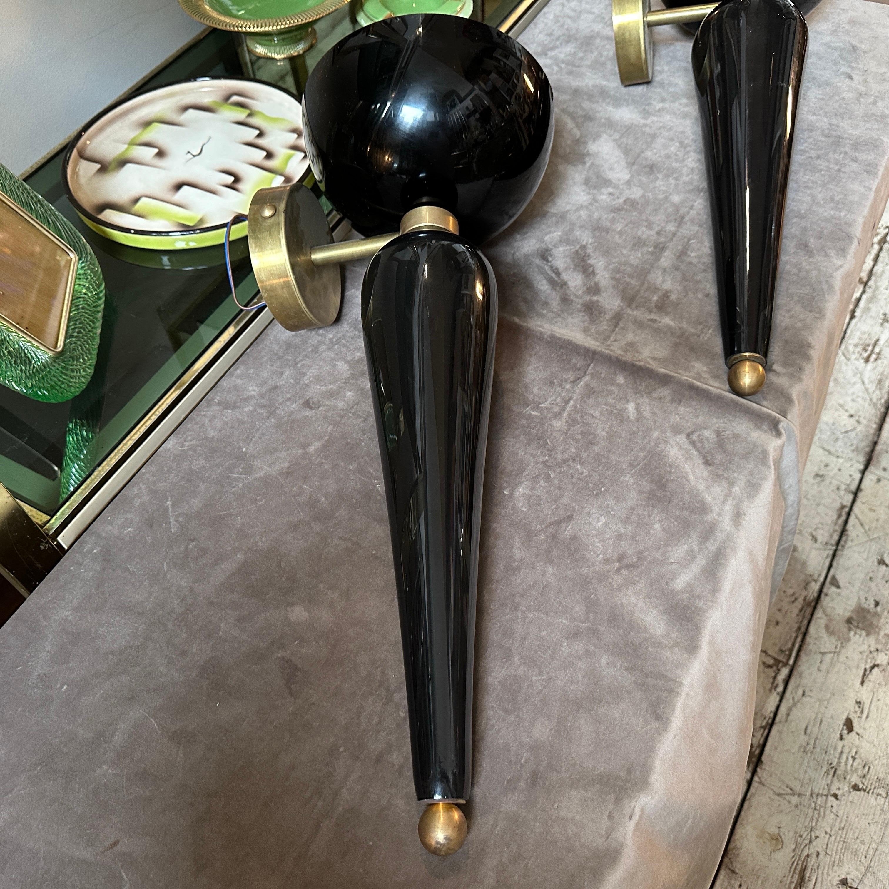 20th Century Two 1950s Art Deco Black and White Murano Glass and Brass Torchere Wall Sconces For Sale