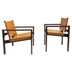 Two 1950s Brazilian "Peg-Lev" Safari Chairs in Sipo & Leather by Michel Arnoult