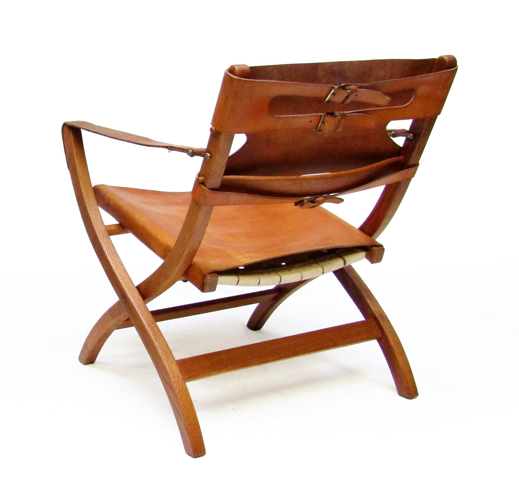 Zwei dänische Safari-Stühle aus Eiche und Leder aus den 1950er Jahren von Poul Hundevad im Angebot 4