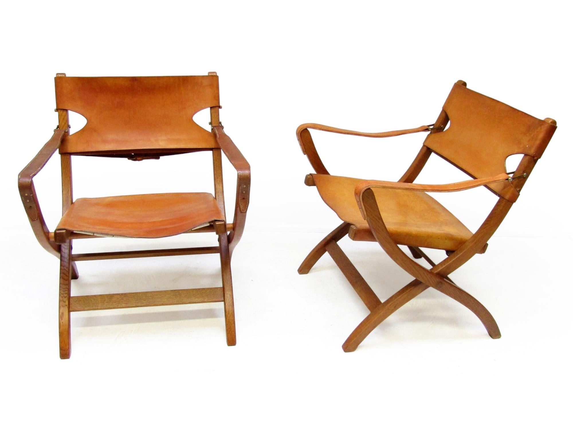 Zwei dänische Safari-Stühle aus Eiche und Leder aus den 1950er Jahren von Poul Hundevad im Angebot 7