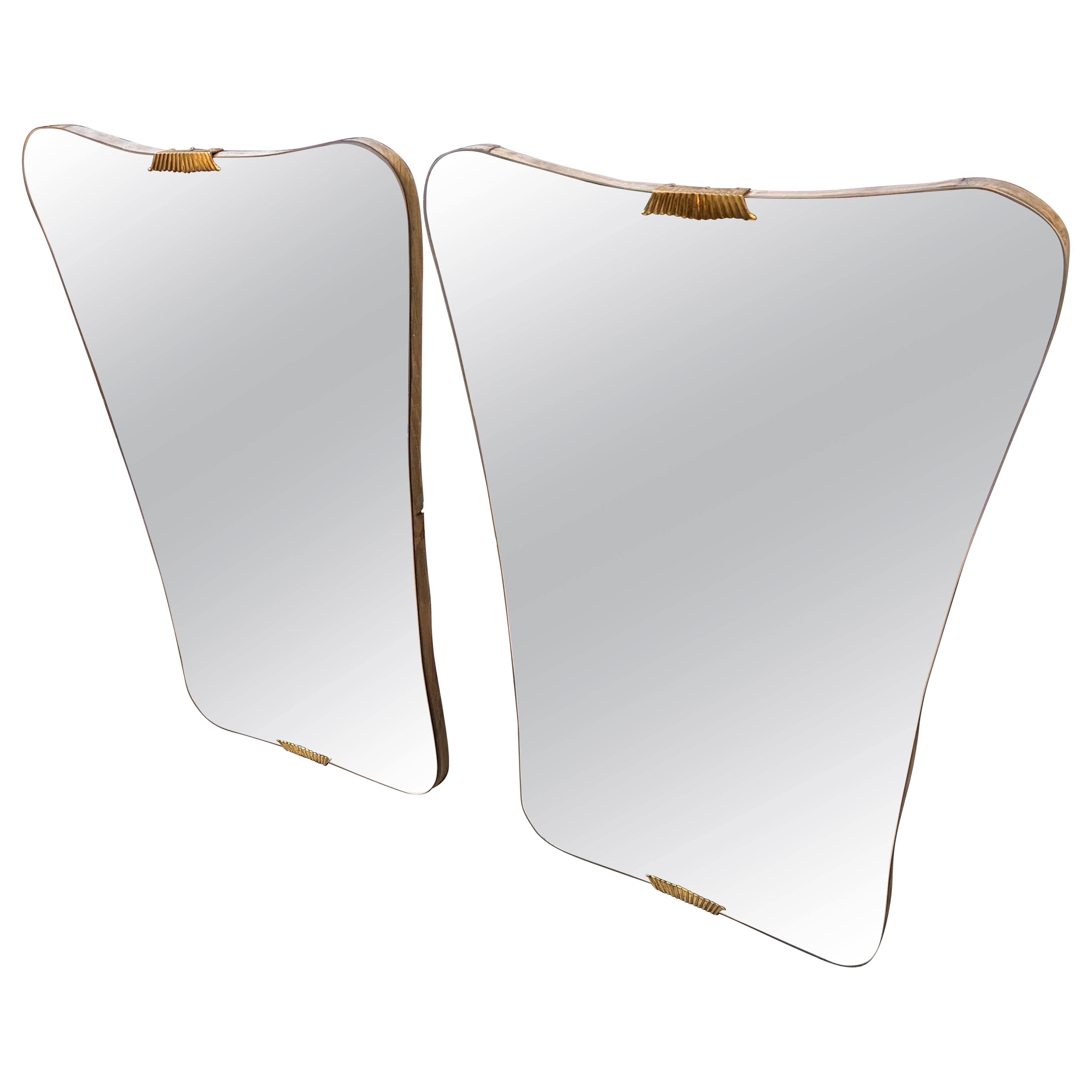 Two 1950s Gio Ponti Style Mid-Century Modern Wood and Brass Wall Mirrors For Sale