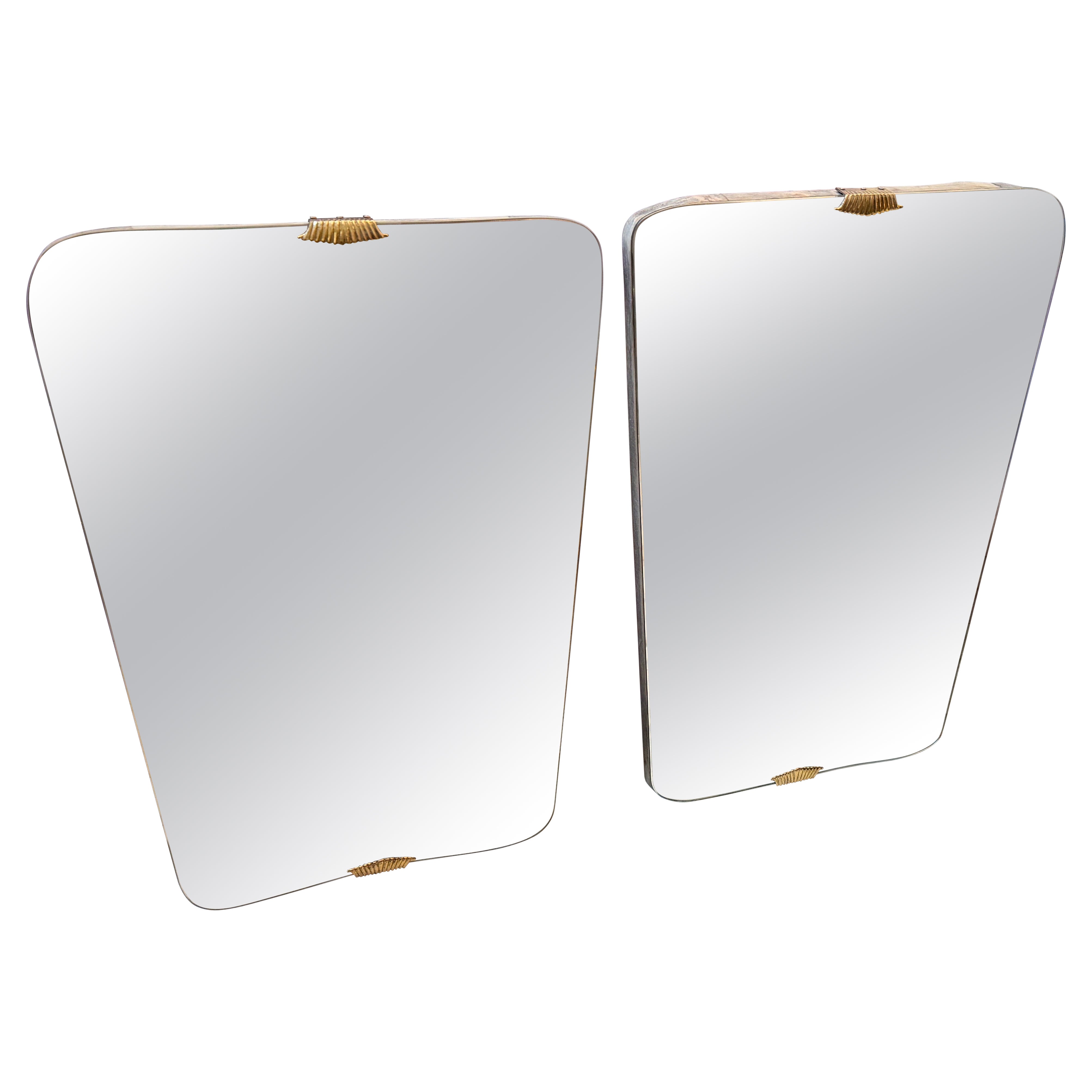 Two 1950s Gio Ponti Style Mid-Century Modern Wood and Brass Wall Mirrors