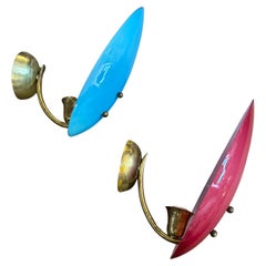 Vintage Two 1950s Mid-Century Modern Brass and Opaline Glass Italian Wall Sconces