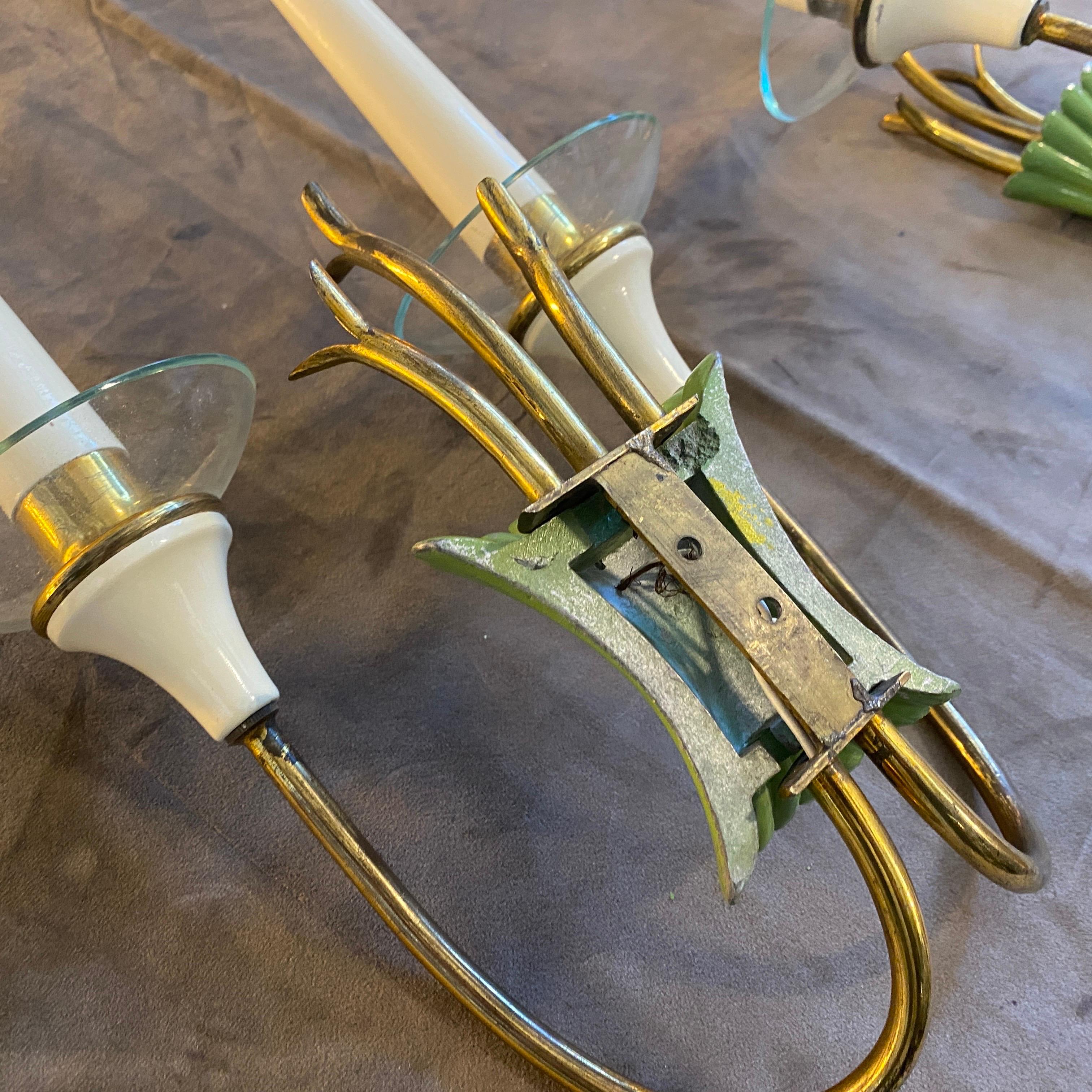 Two 1950s Mid-Century Modern Brass, Green Metal and Glass Italian Wall Sconces For Sale 6