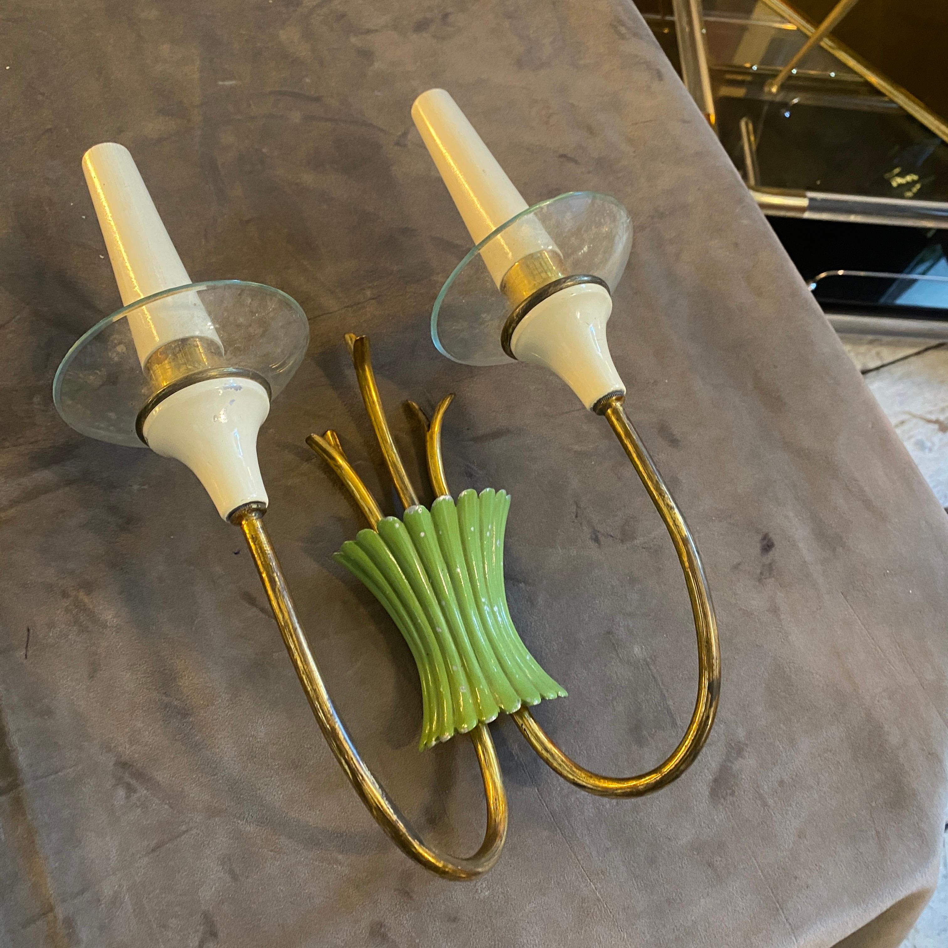 Two 1950s Mid-Century Modern Brass, Green Metal and Glass Italian Wall Sconces For Sale 7