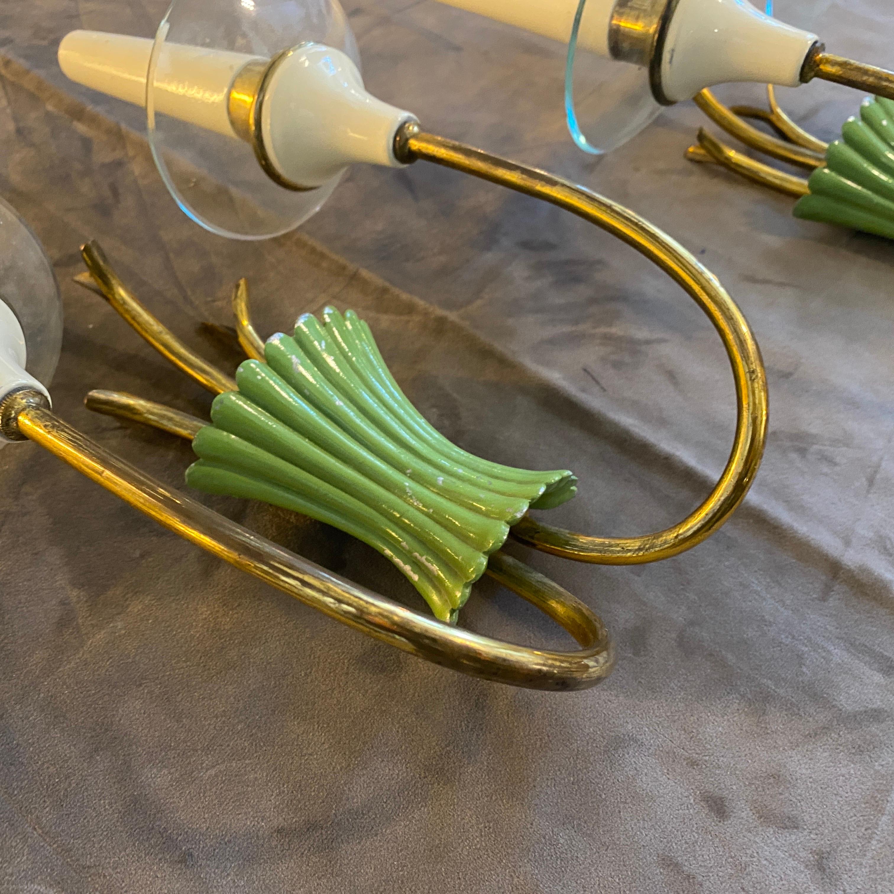 Two 1950s Mid-Century Modern Brass, Green Metal and Glass Italian Wall Sconces For Sale 8