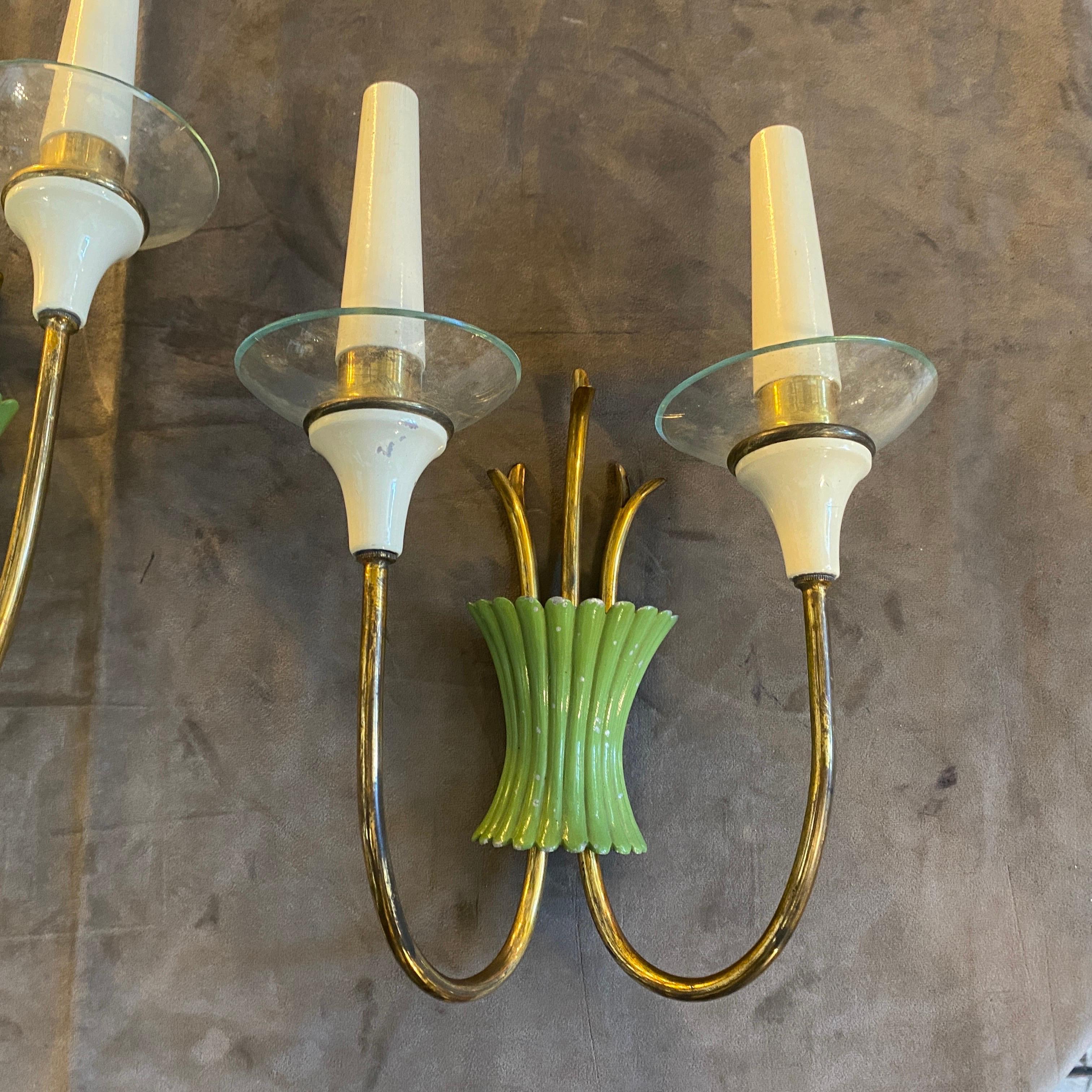20th Century Two 1950s Mid-Century Modern Brass, Green Metal and Glass Italian Wall Sconces For Sale