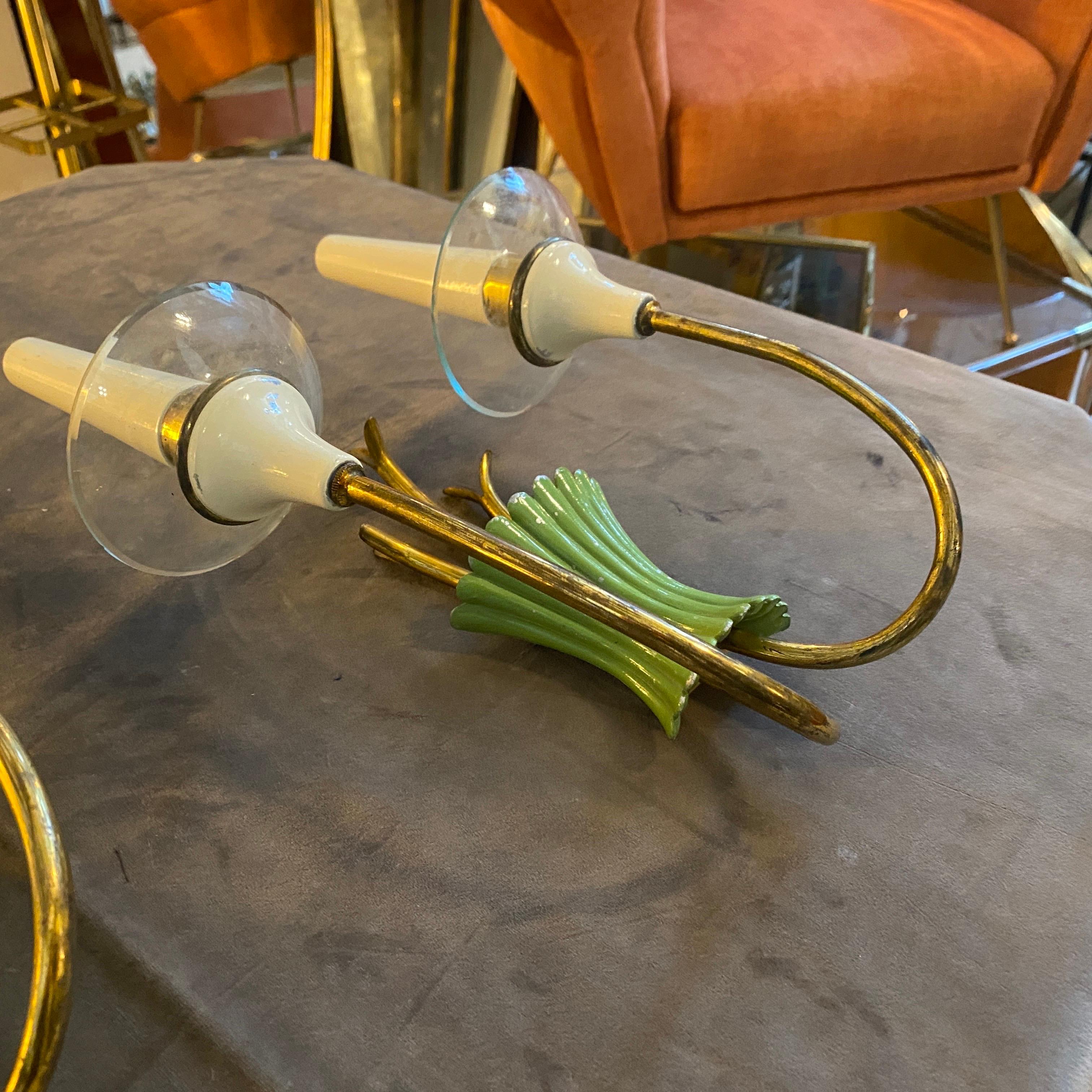 Two 1950s Mid-Century Modern Brass, Green Metal and Glass Italian Wall Sconces For Sale 1