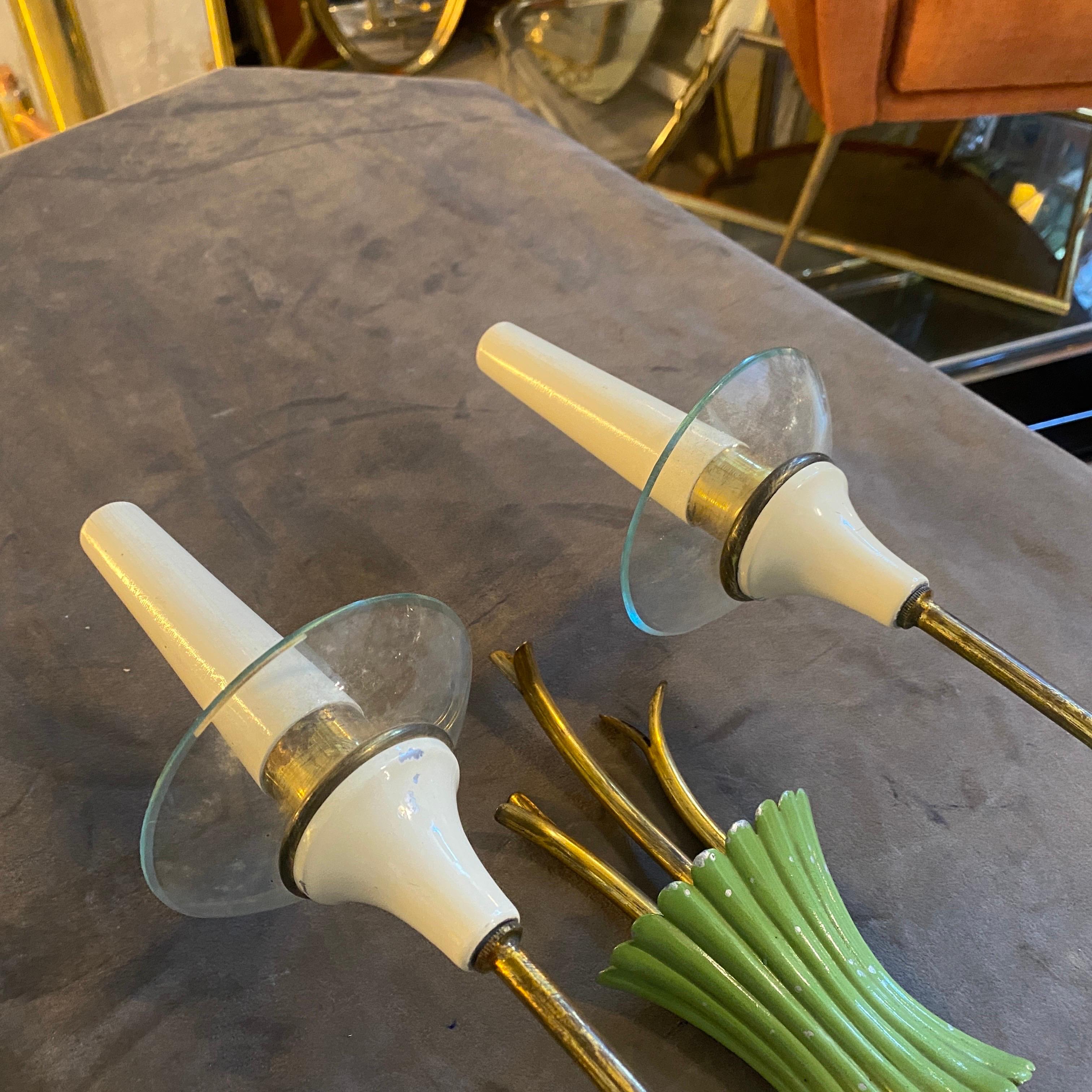 Two 1950s Mid-Century Modern Brass, Green Metal and Glass Italian Wall Sconces For Sale 2