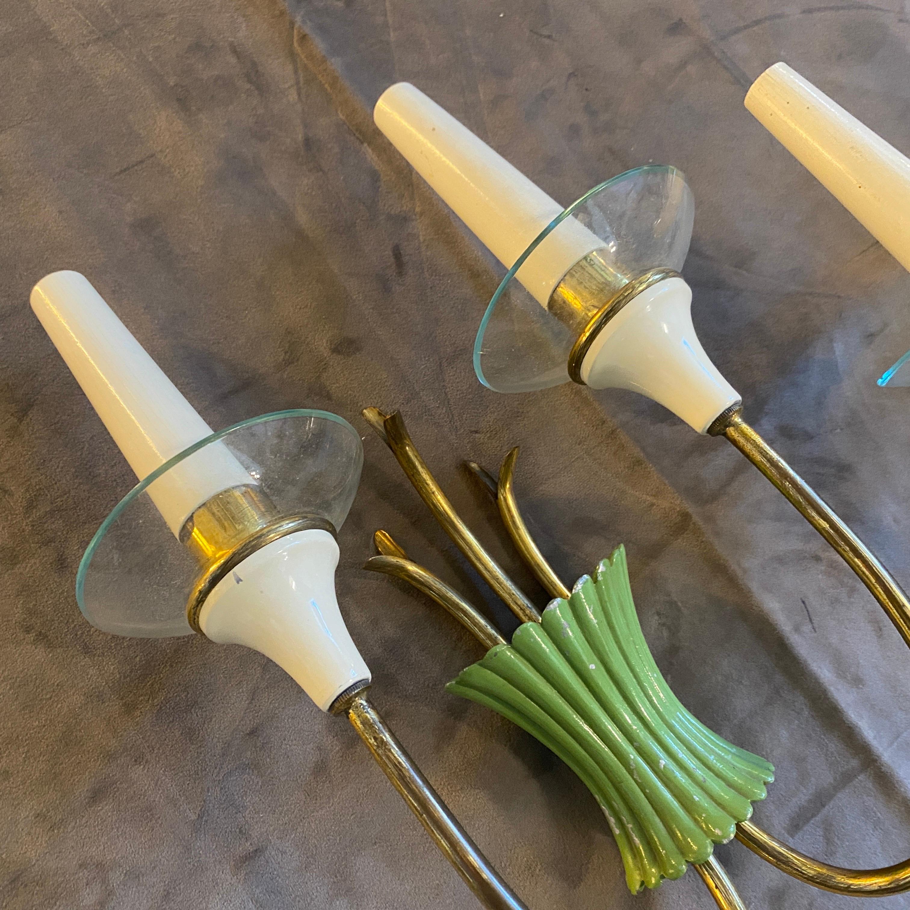 Two 1950s Mid-Century Modern Brass, Green Metal and Glass Italian Wall Sconces For Sale 3