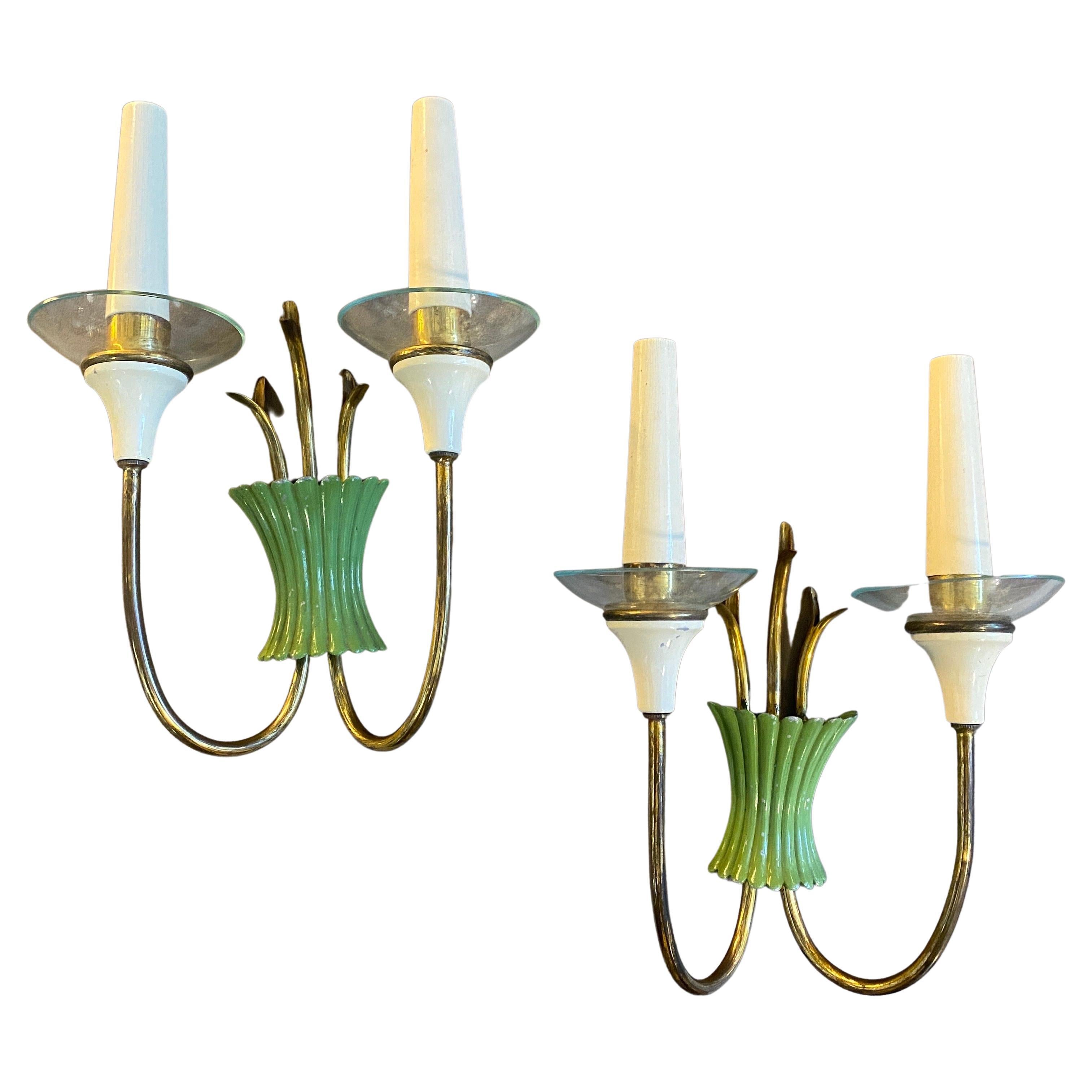 Two 1950s Mid-Century Modern Brass, Green Metal and Glass Italian Wall Sconces For Sale